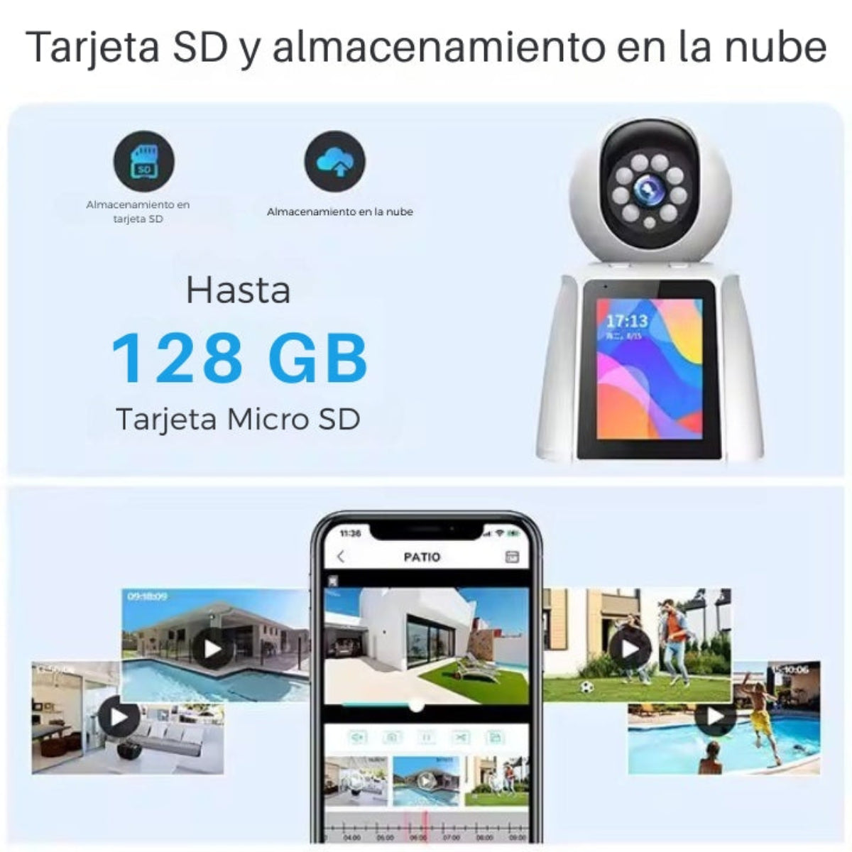 Immagine che mostra una telecamera di sicurezza e uno smartphone che mostra filmati video con scheda SD e cloud storage.
