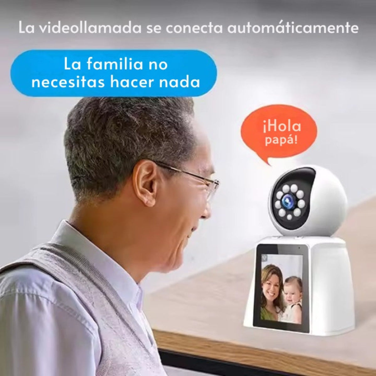 Una telecamera bianca con schermo che mostra una famiglia, un uomo sorride e una nuvoletta arancione.