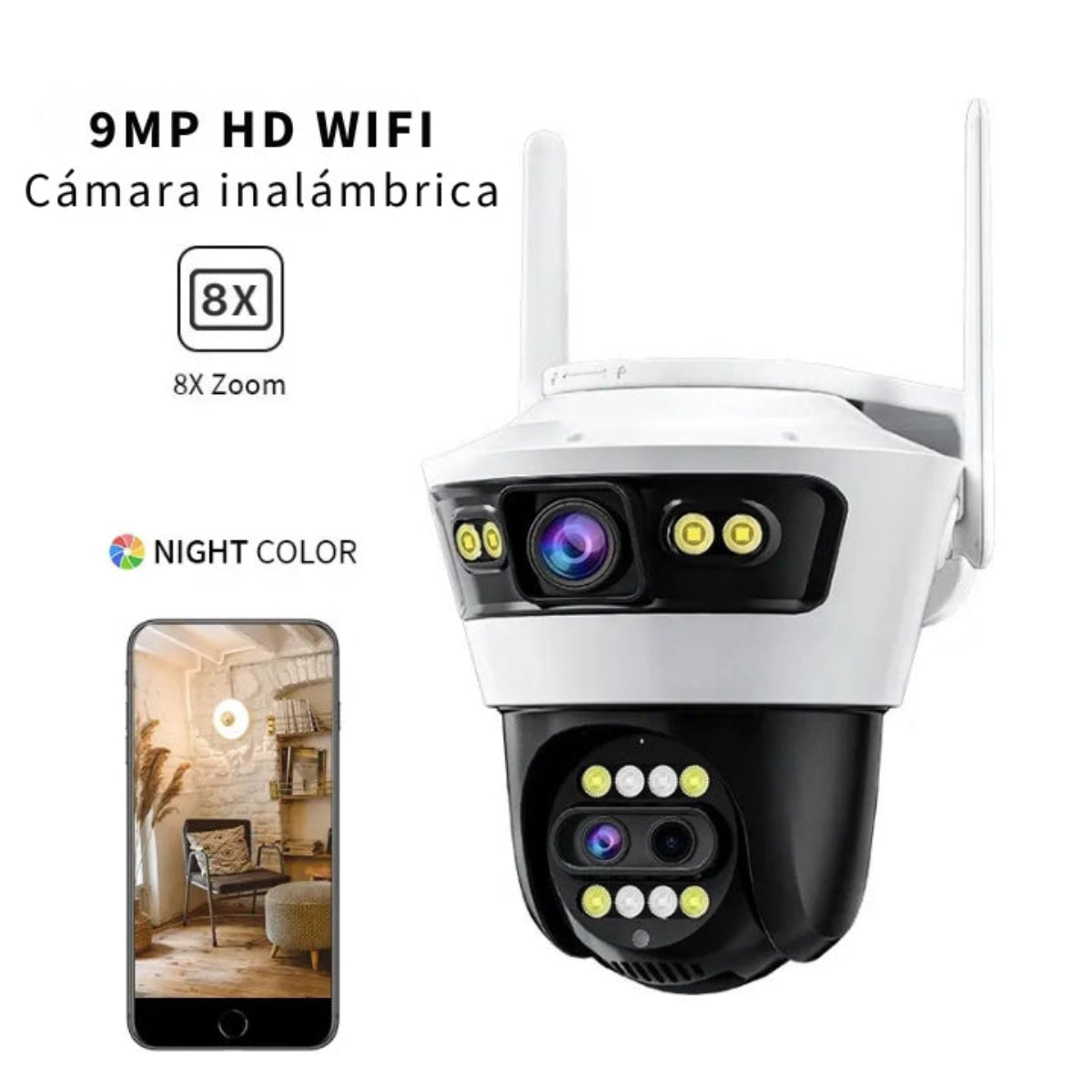 Cámara de seguridad blanca y negra con antenas, teléfono mostrando imagen de la vista de la cámara.
