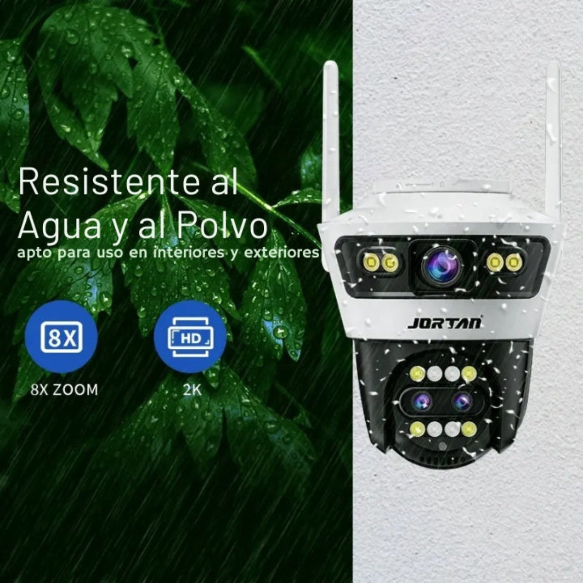 Cámara de seguridad, con texto en español sobre resistencia al agua y al polvo.