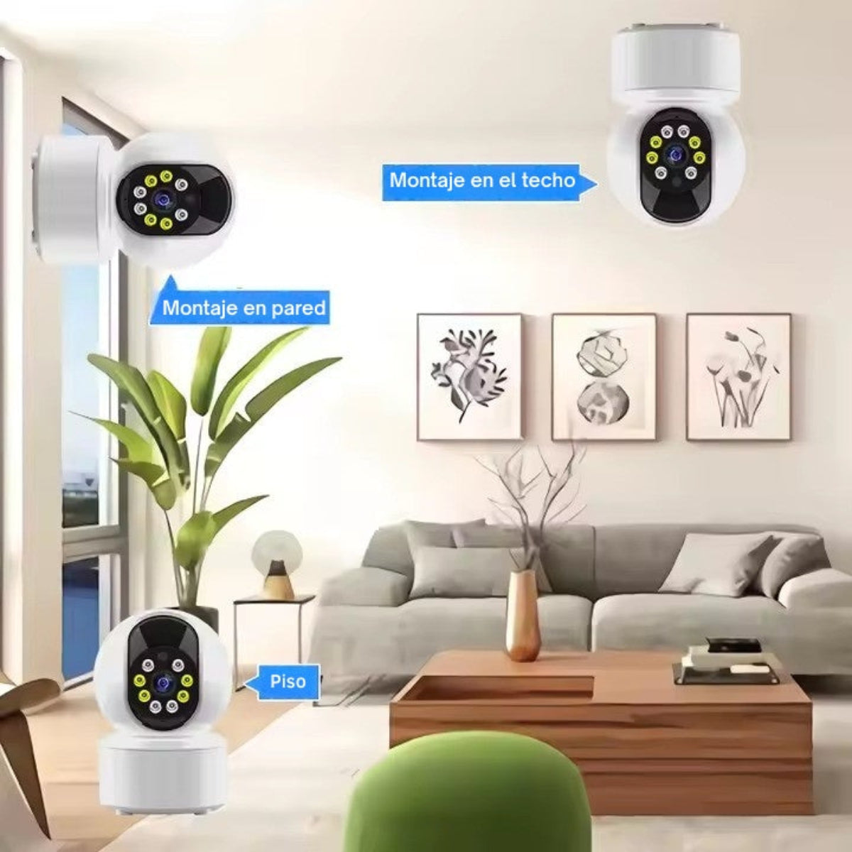 Cámaras de seguridad blancas en pared, techo y suelo. Salón con sofá, arte y mesa de centro. Objeto verde en primer plano.