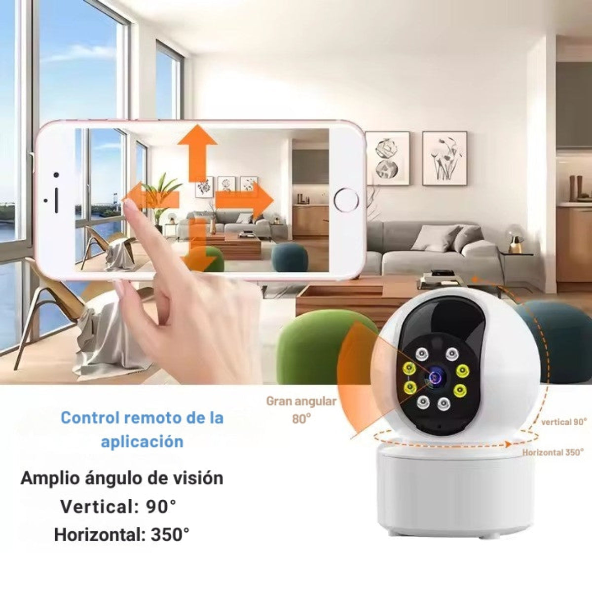 Una persona usa un smartphone para controlar una cámara de seguridad blanca, mostrando una vista amplia de una sala de estar.