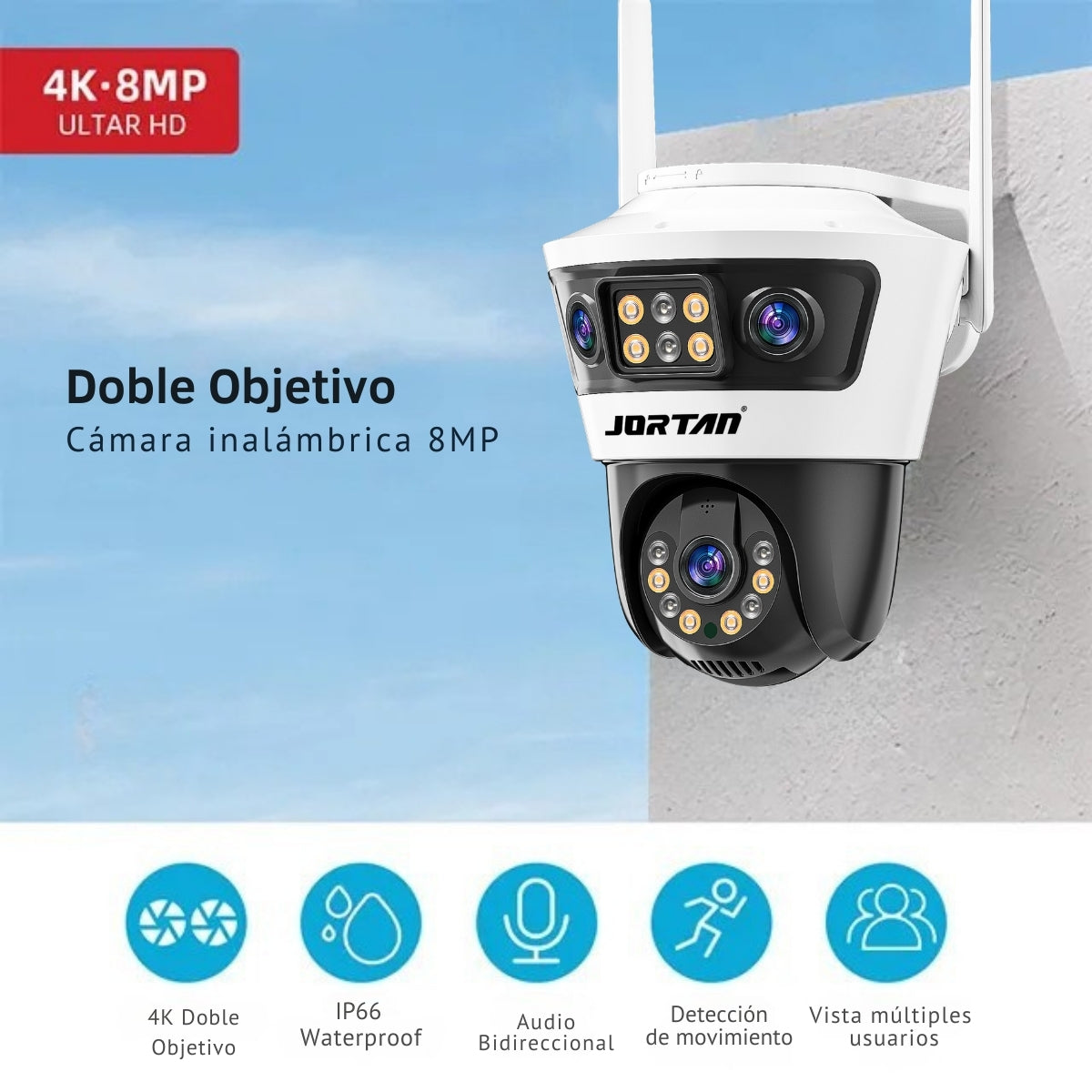 Una telecamera di sicurezza bianca e nera con doppia lente, etichettata '4K 8MP'. Sono mostrate icone delle funzioni.