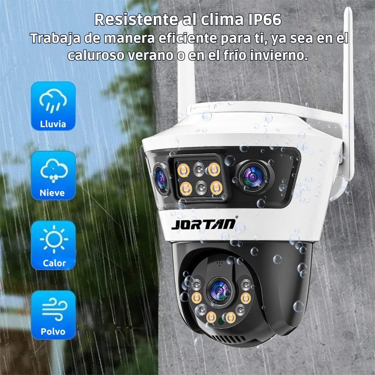 Una telecamera di sicurezza bianca con lente nera e base nera, con icone di pioggia e neve.