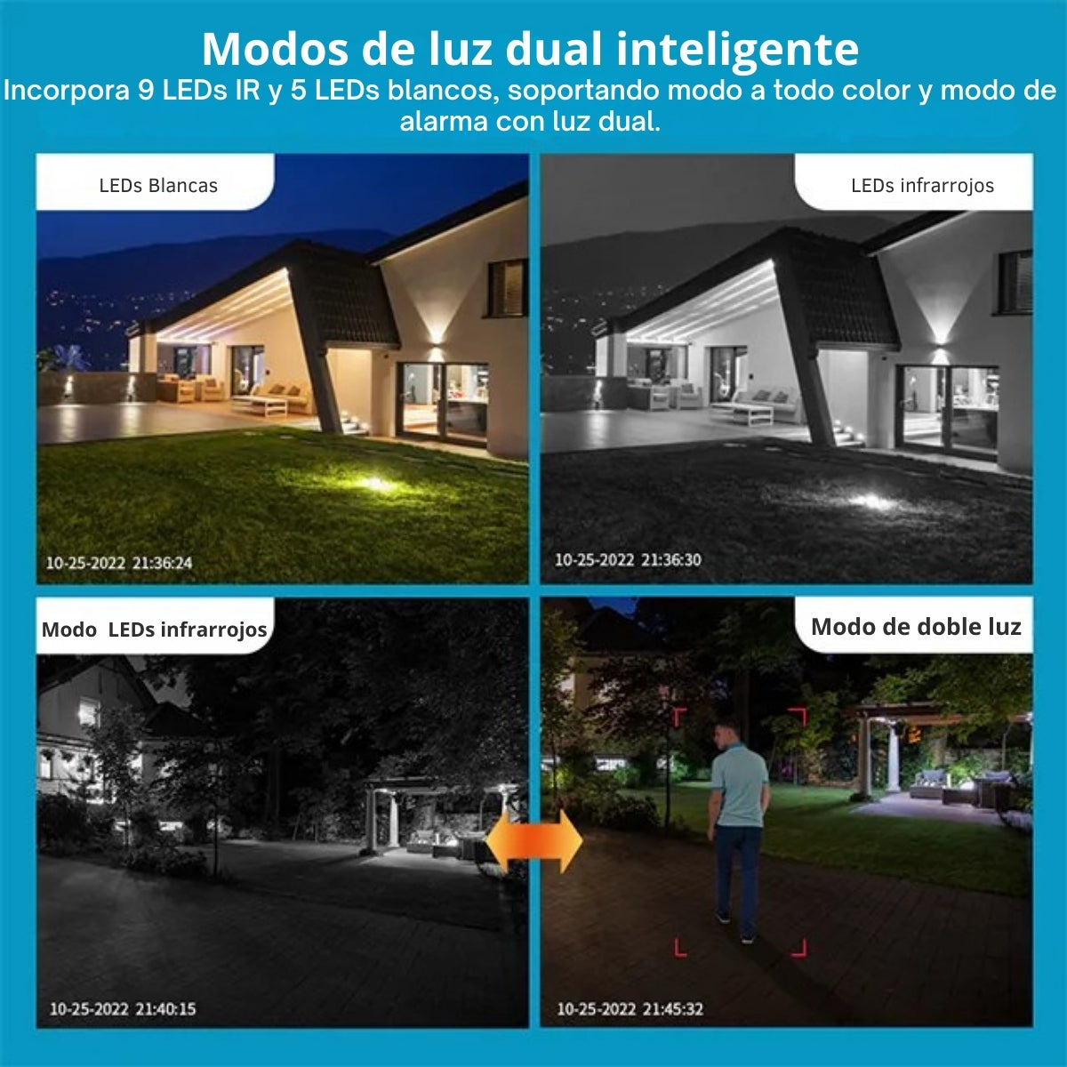 Immagine che mostra la modalità doppia luce per le telecamere di sicurezza. Vengono mostrati esempi di diverse modalità.
