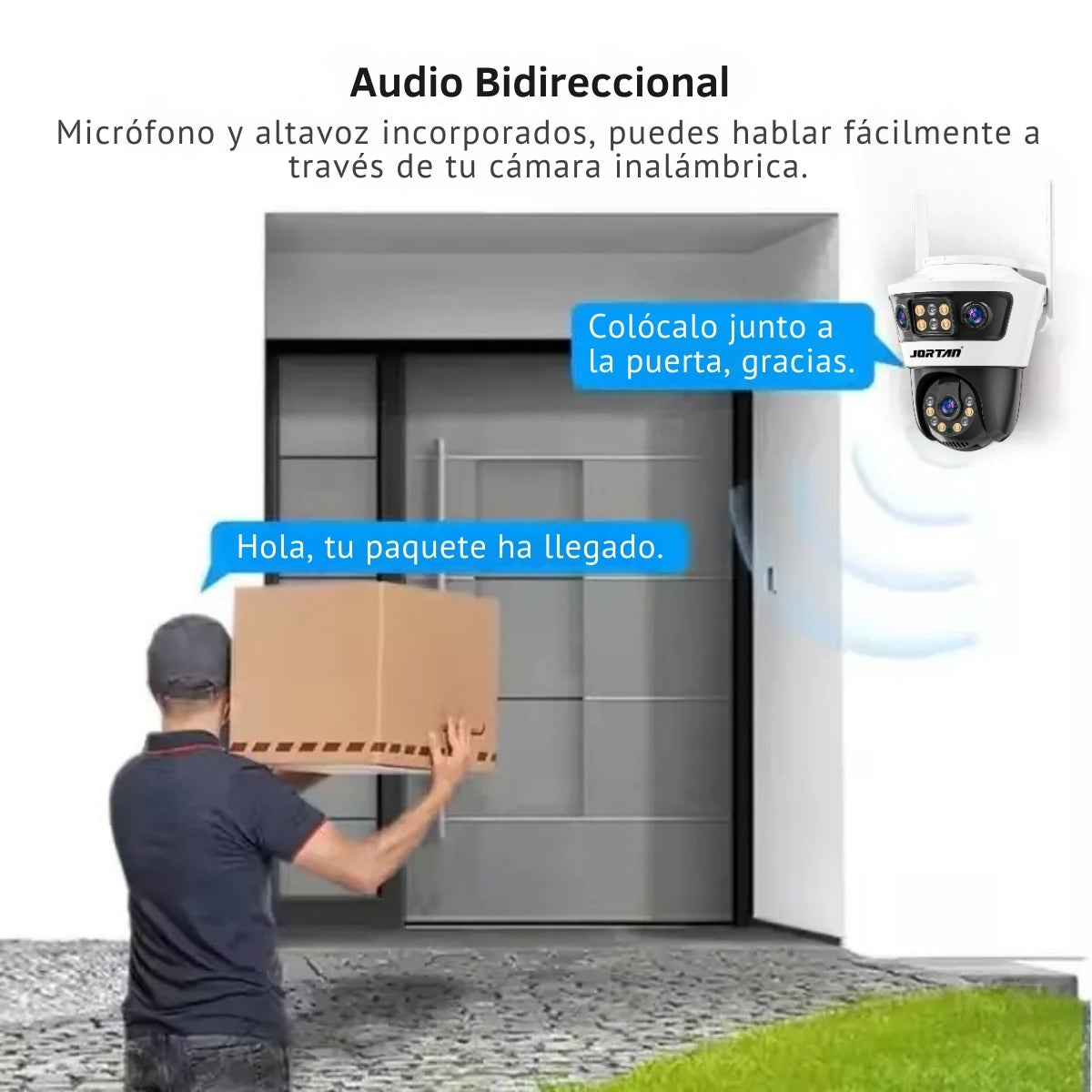 Persona che consegna un pacco a una porta con una telecamera di sicurezza sopra.