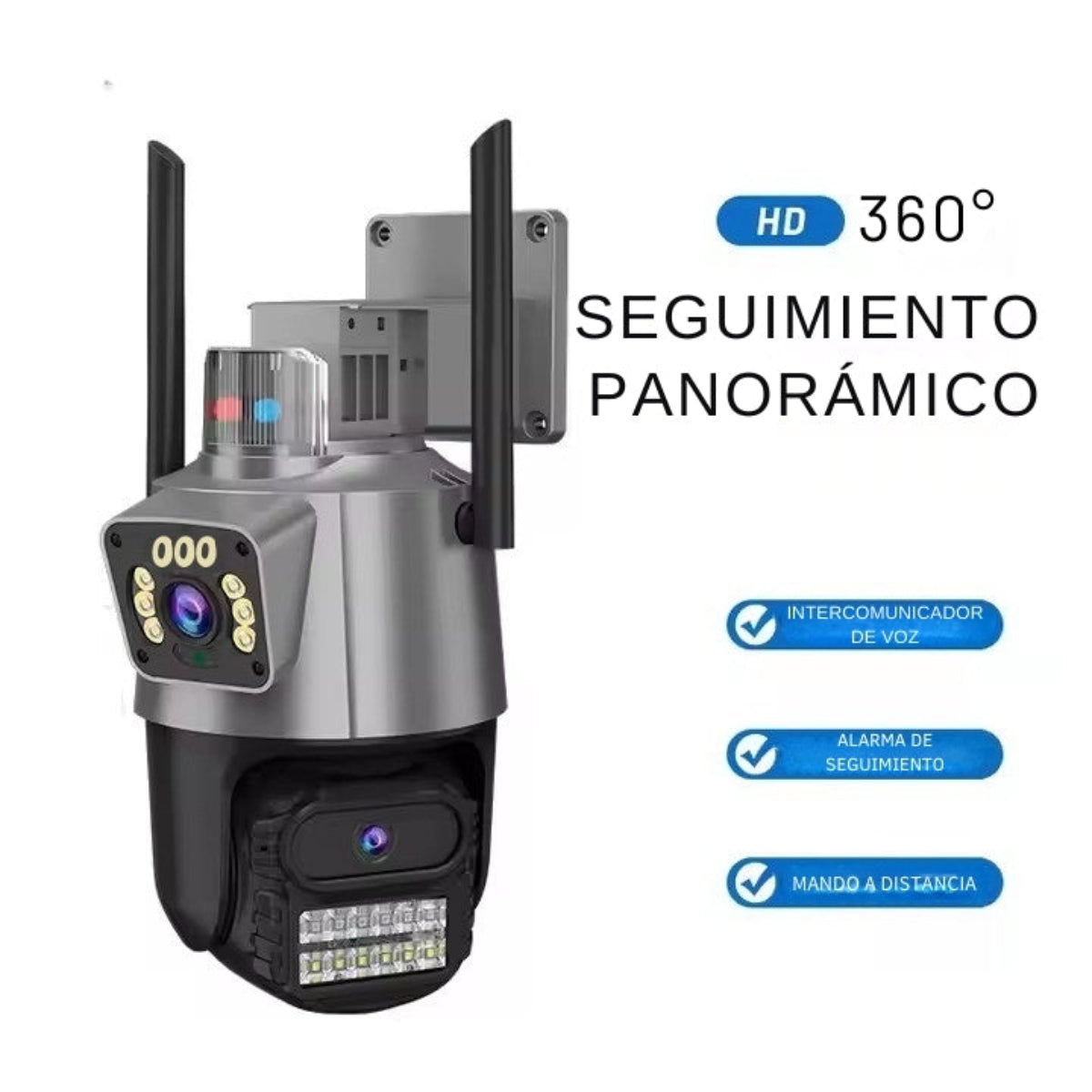 Cámara de seguridad con texto en español. Incluye intercomunicador de voz, alarma de seguimiento y mando a distancia.