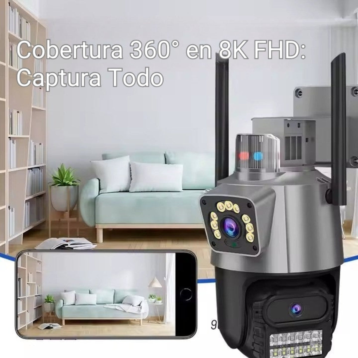 Una cámara de seguridad con un teléfono que muestra la vista de la cámara.