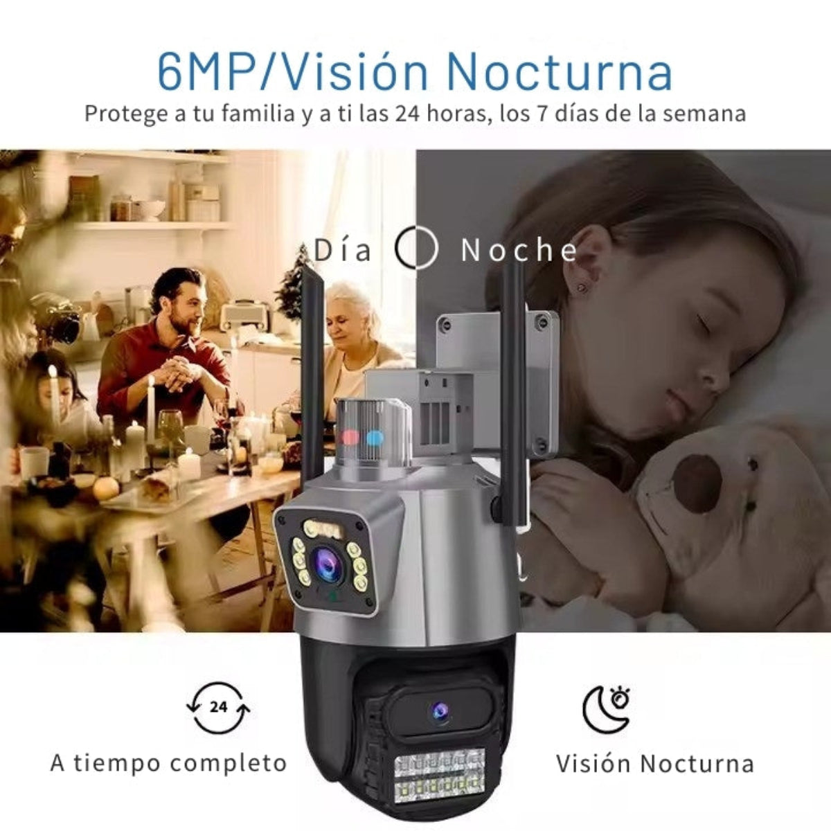 Cámara de seguridad con texto sobre visión nocturna y protección familiar. Muestra escenas diurnas y nocturnas.