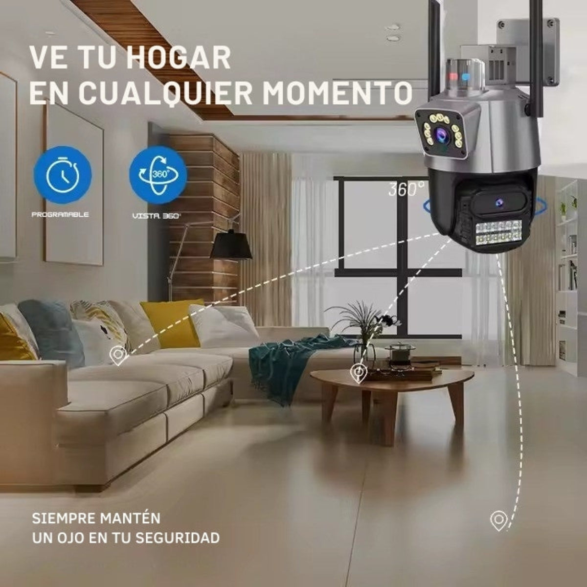 Cámara de seguridad en la pared, interior. Muestra vista 360 y funciones programables.