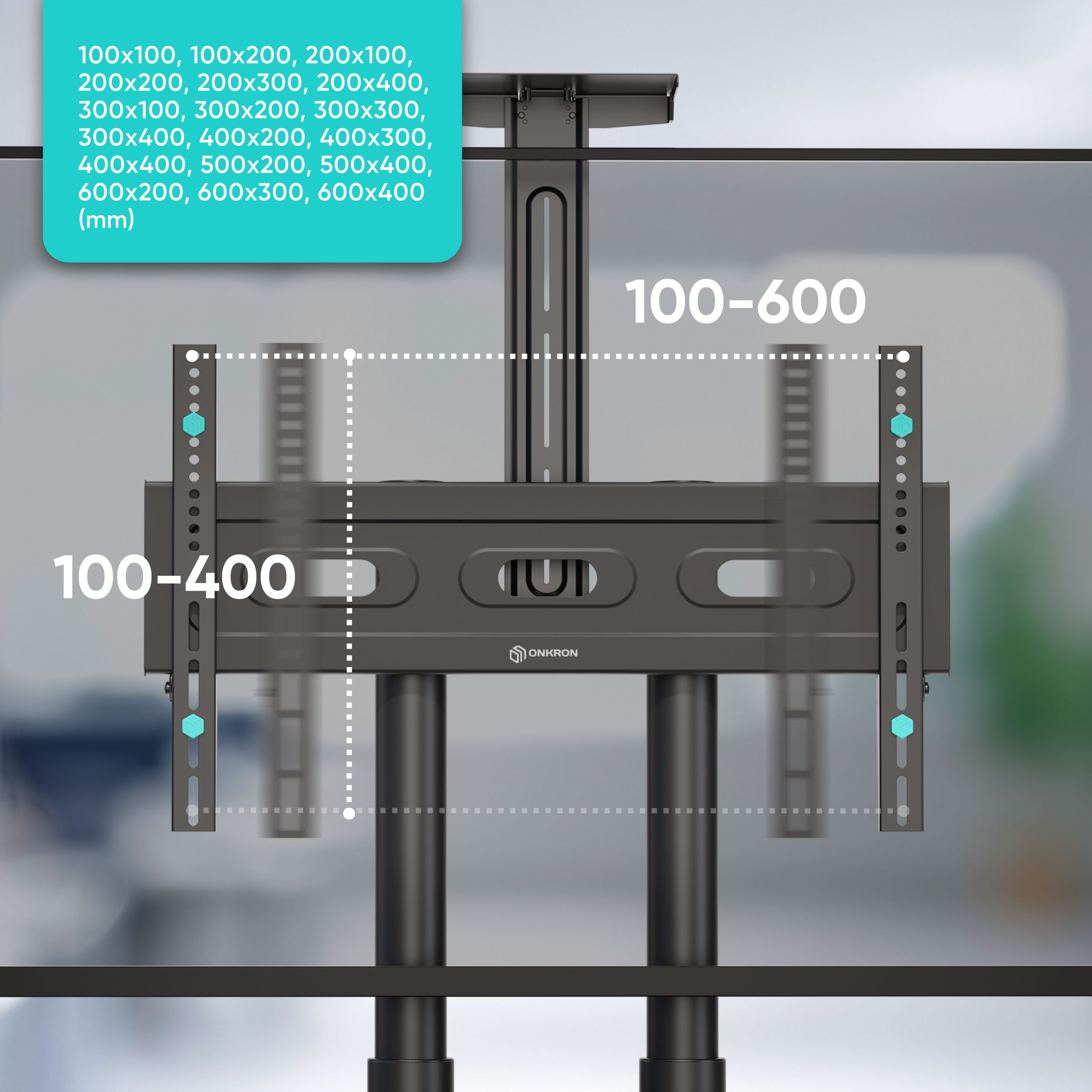 Uchwyt TV z wymiarami. Czarny uchwyt TV z wymiarami w mm. Białe tło.