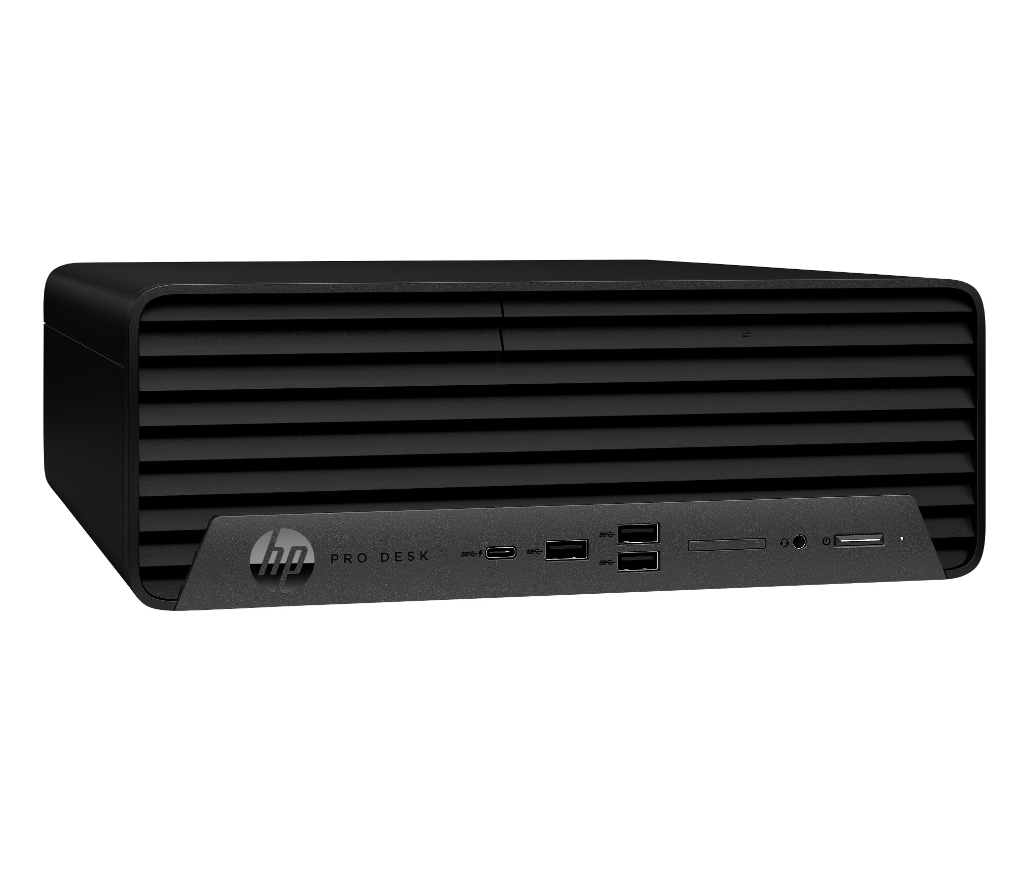 Computer HP ProDesk nero su sfondo bianco. Viene mostrata la parte anteriore del computer.