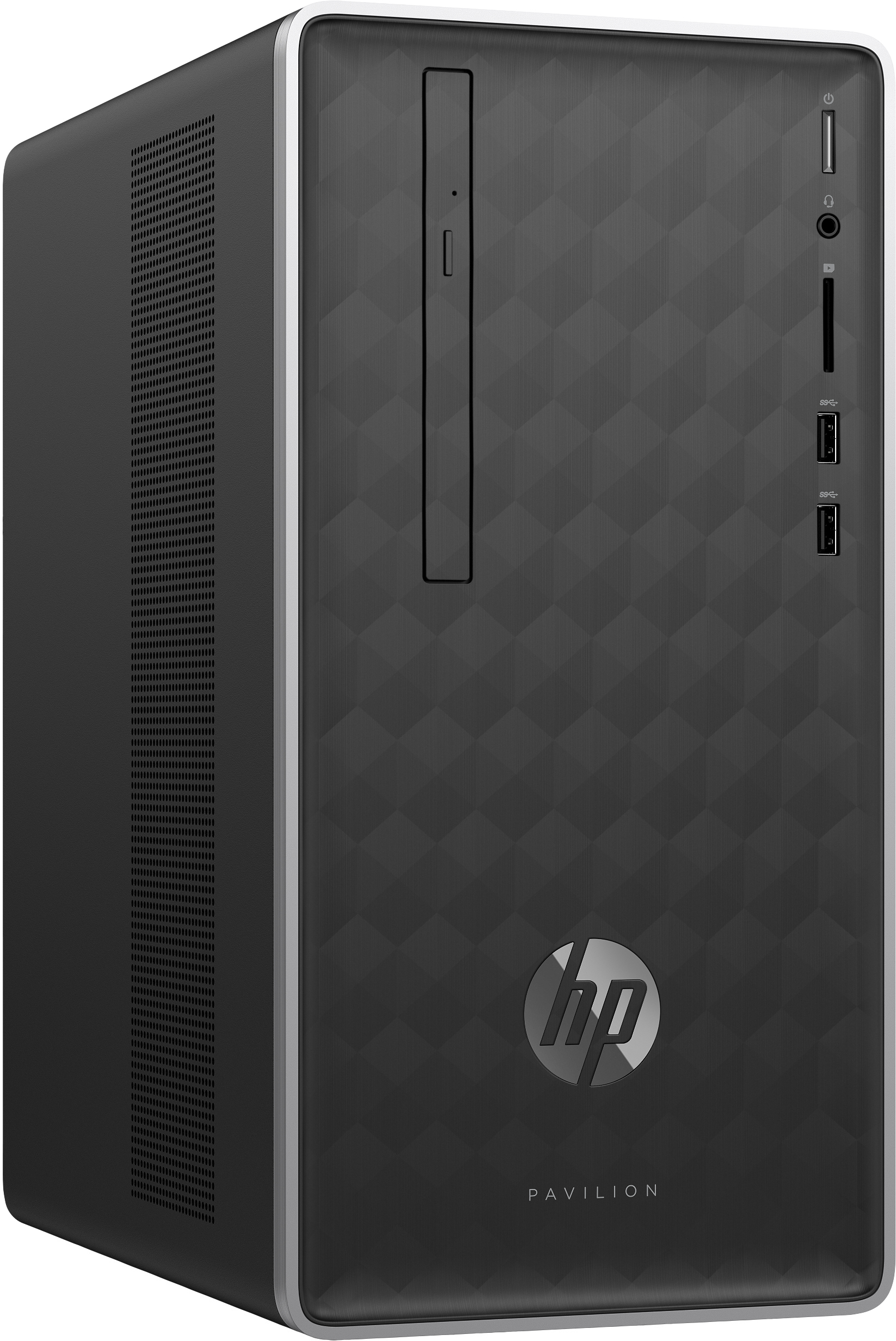 Czarna obudowa komputera stacjonarnego ze srebrnym wykończeniem i logo HP Pavilion.