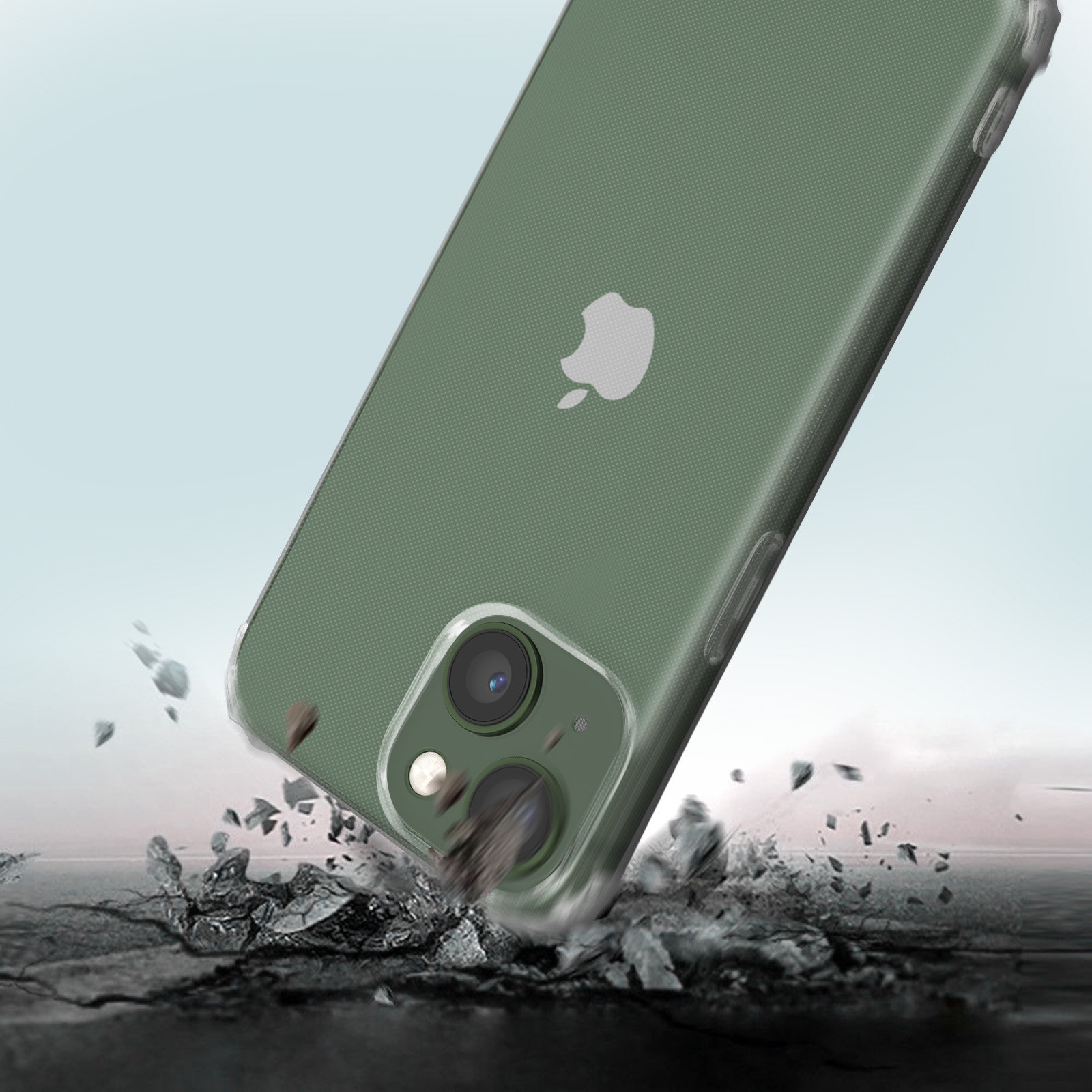 Custodia verde per telefono che cade, impatta su una superficie con crepe.