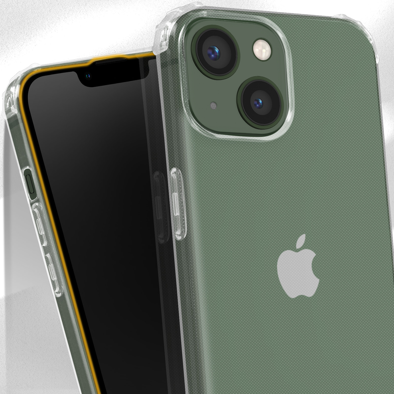Primo piano di un telefono in una custodia trasparente. Il telefono è verde, con il logo Apple visibile.