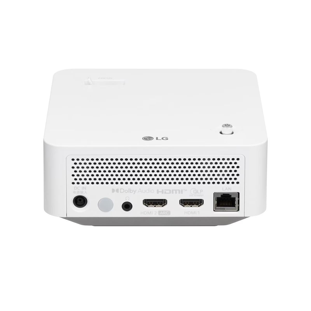 Tył białego projektora z portami zasilania, HDMI i LAN. Logo LG i Dolby Audio.