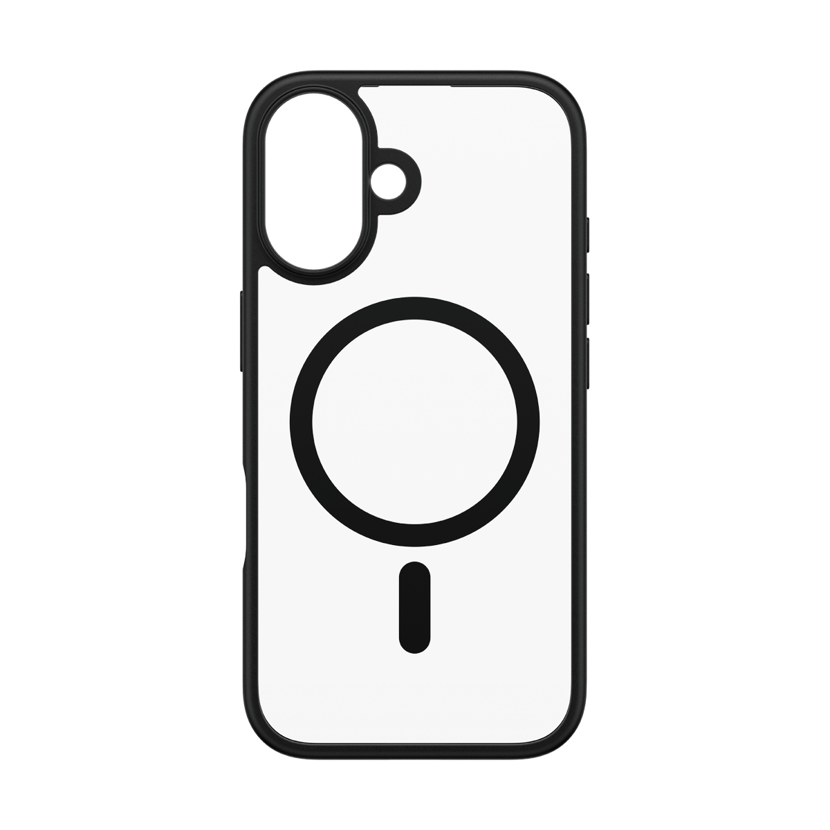 Cover per telefono con bordo nero, ritaglio per fotocamera, anello MagSafe circolare e magnete verticale su sfondo bianco.