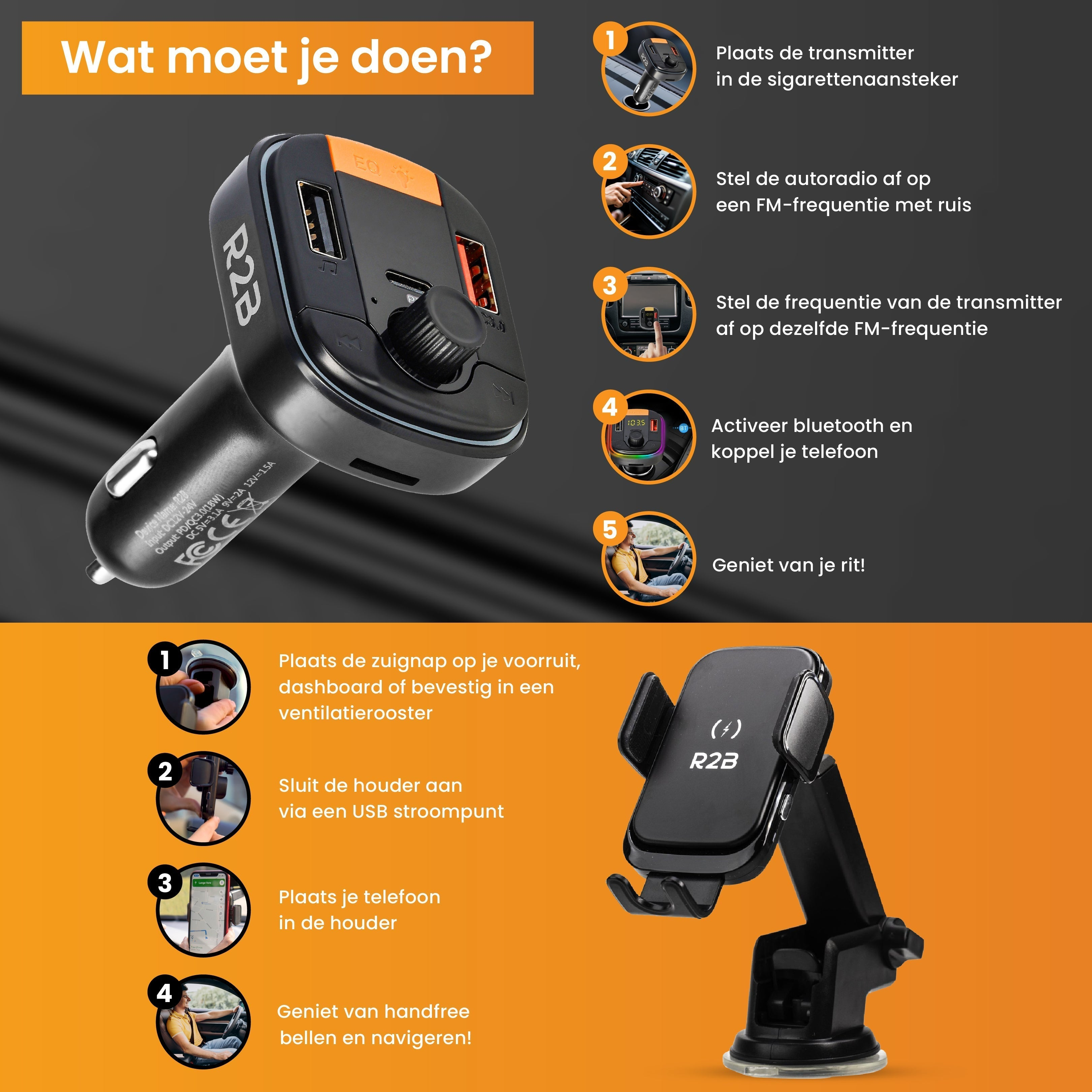 Instructions pour un transmetteur de voiture R2B et un support de téléphone, montrant comment installer et utiliser les appareils.