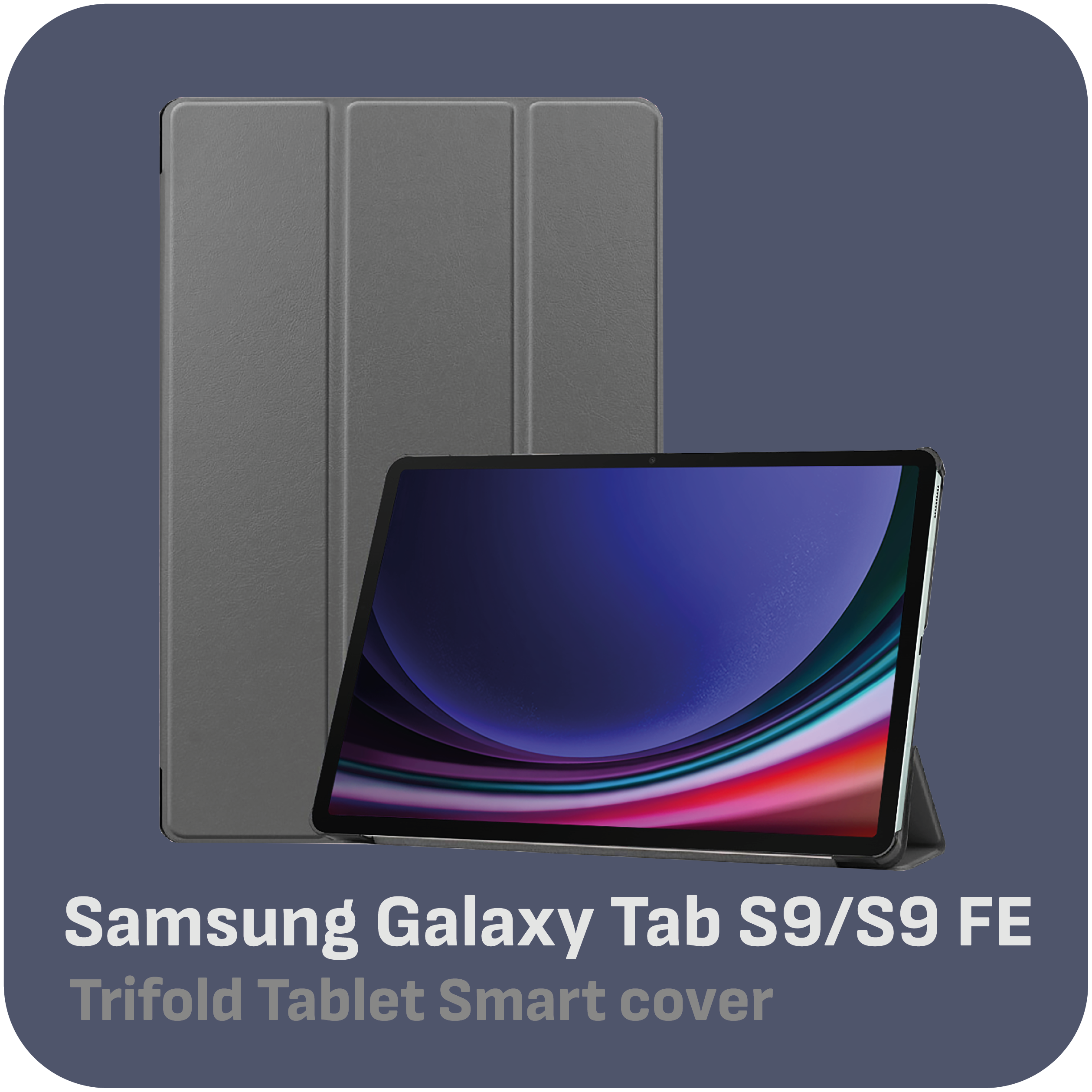 Ein graues Tablet mit Hülle, aufgestellt, mit zurückgeklappter Hülle als Stütze.