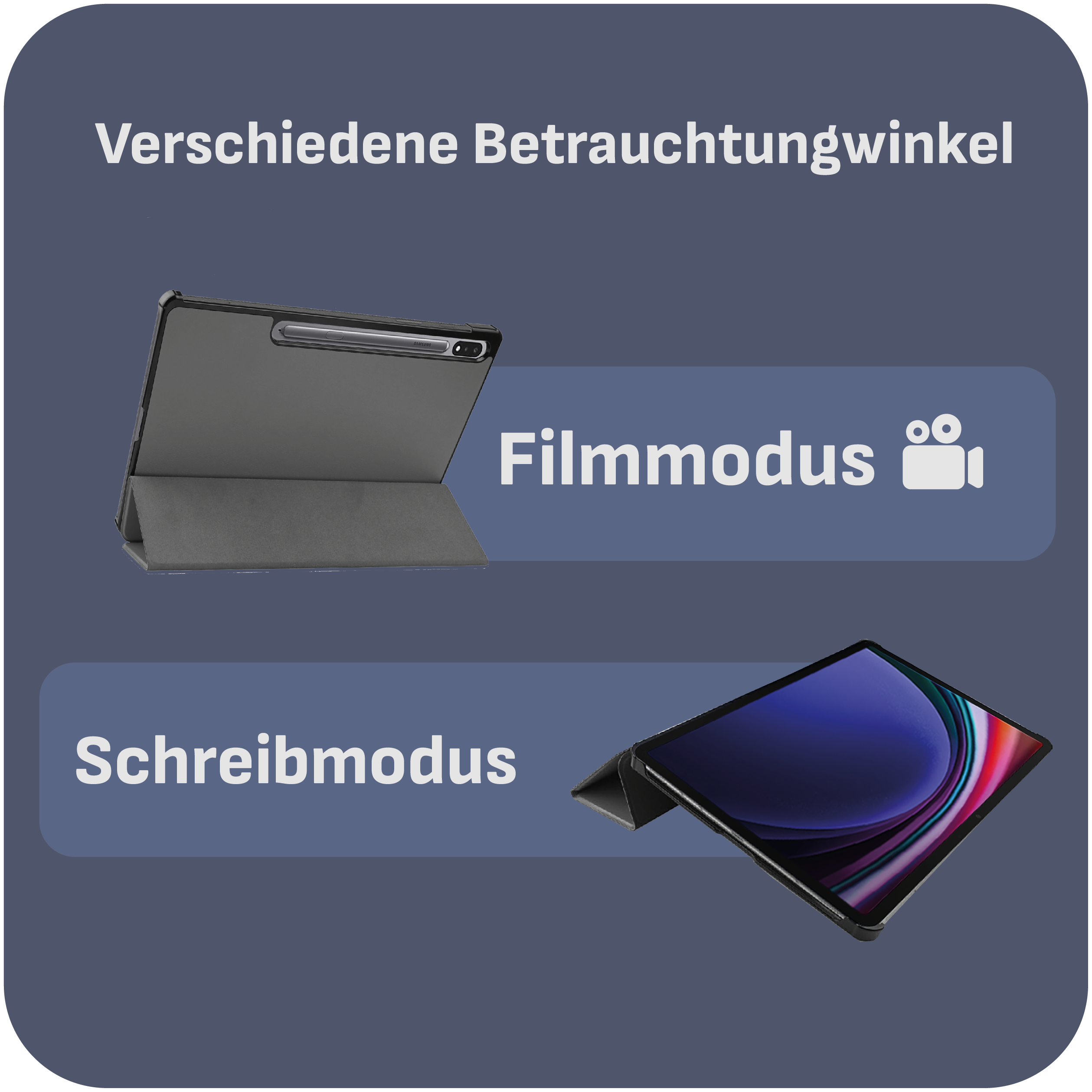 Eine Tablet-Hülle mit zwei Modi, Film und Schreiben, auf blauem Hintergrund mit deutschem Text.