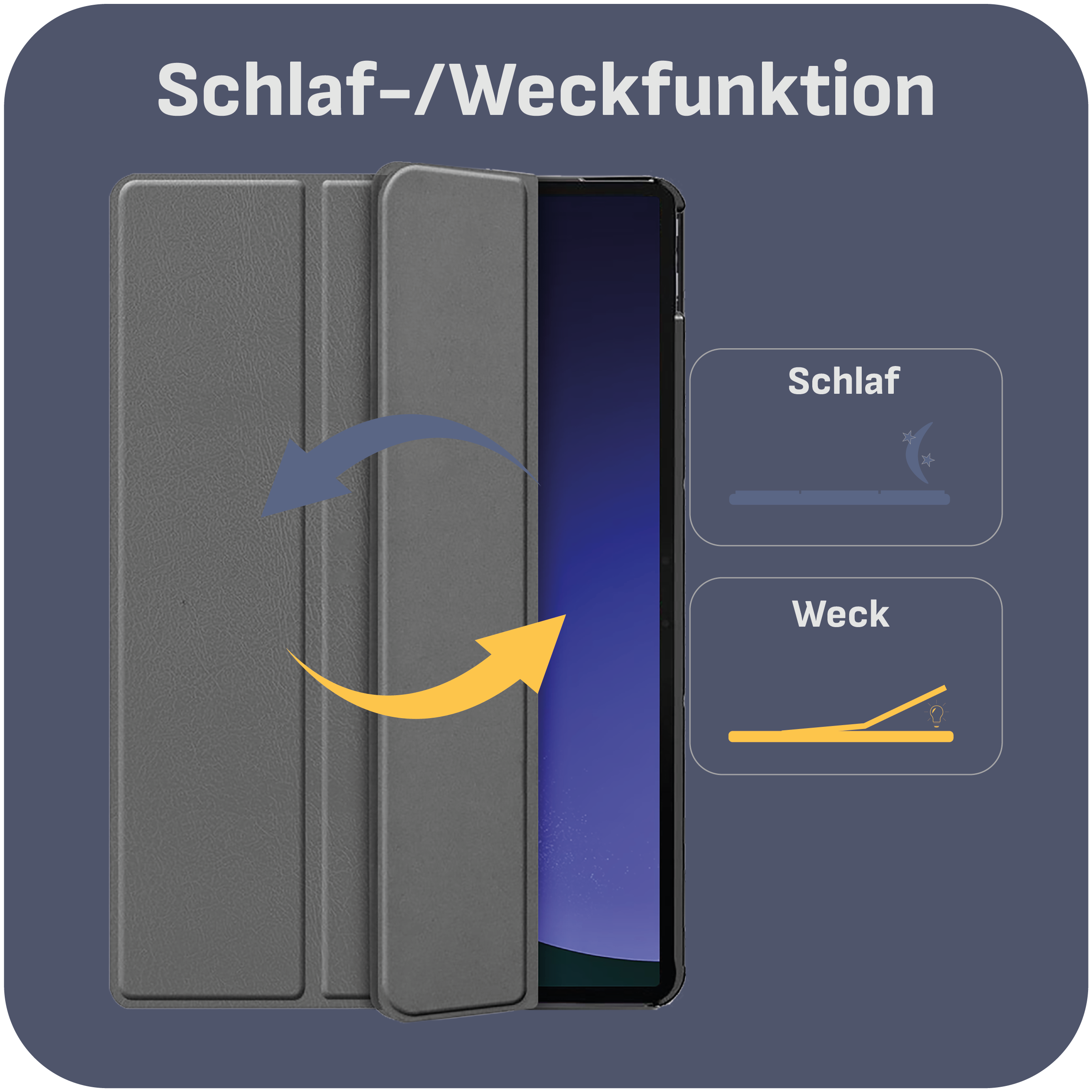 Ein Telefon in einer grauen Hülle, mit einer offenen Klappe, die ein Schlaf-/Weckdiagramm zeigt.