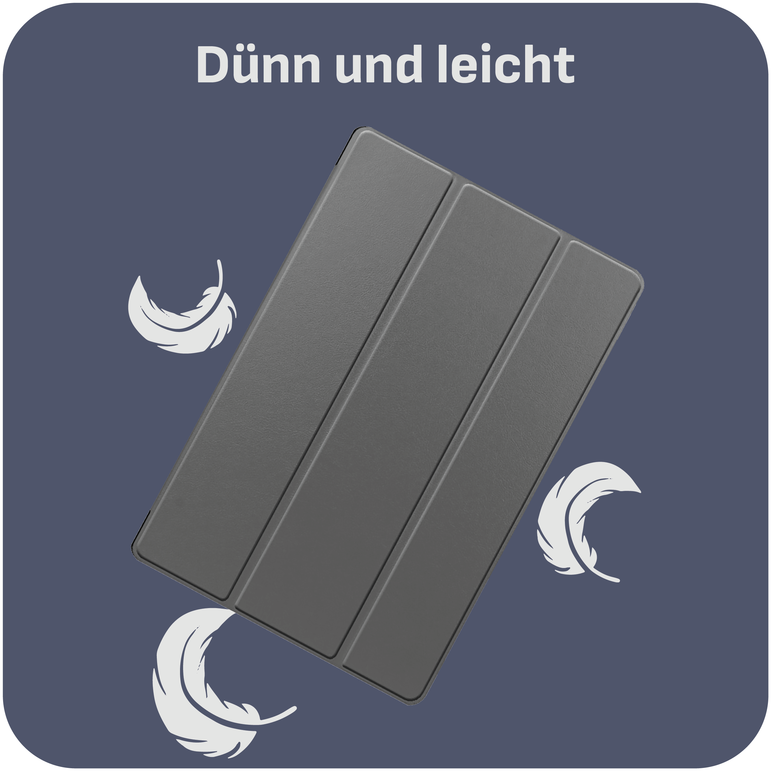 Graue Tablet-Hülle mit dem Text 'Dunn und leicht' und Federn auf blauem Hintergrund.