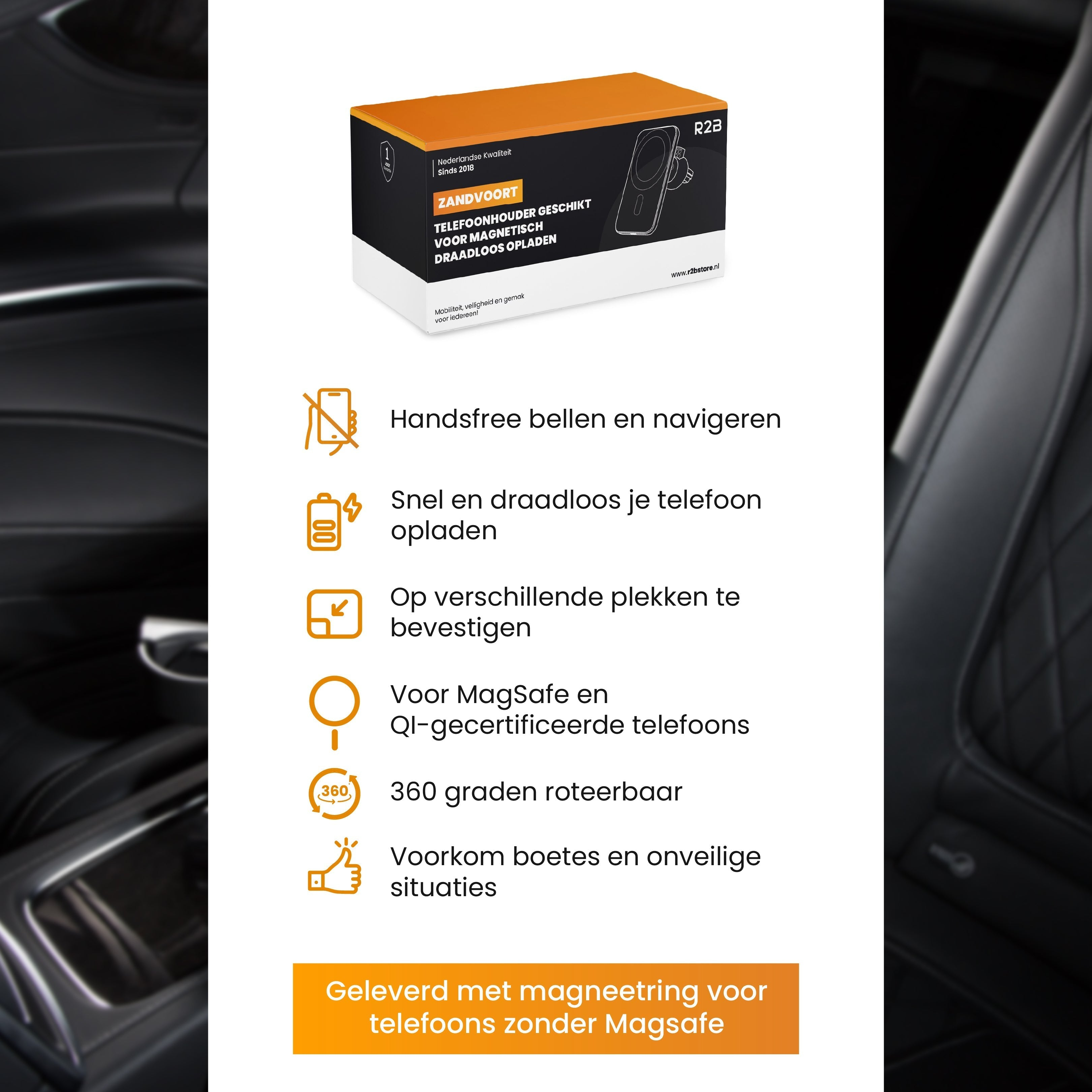 Une boîte de support de téléphone de voiture est affichée avec des icônes indiquant les appels mains libres, la recharge sans fil et la rotation.