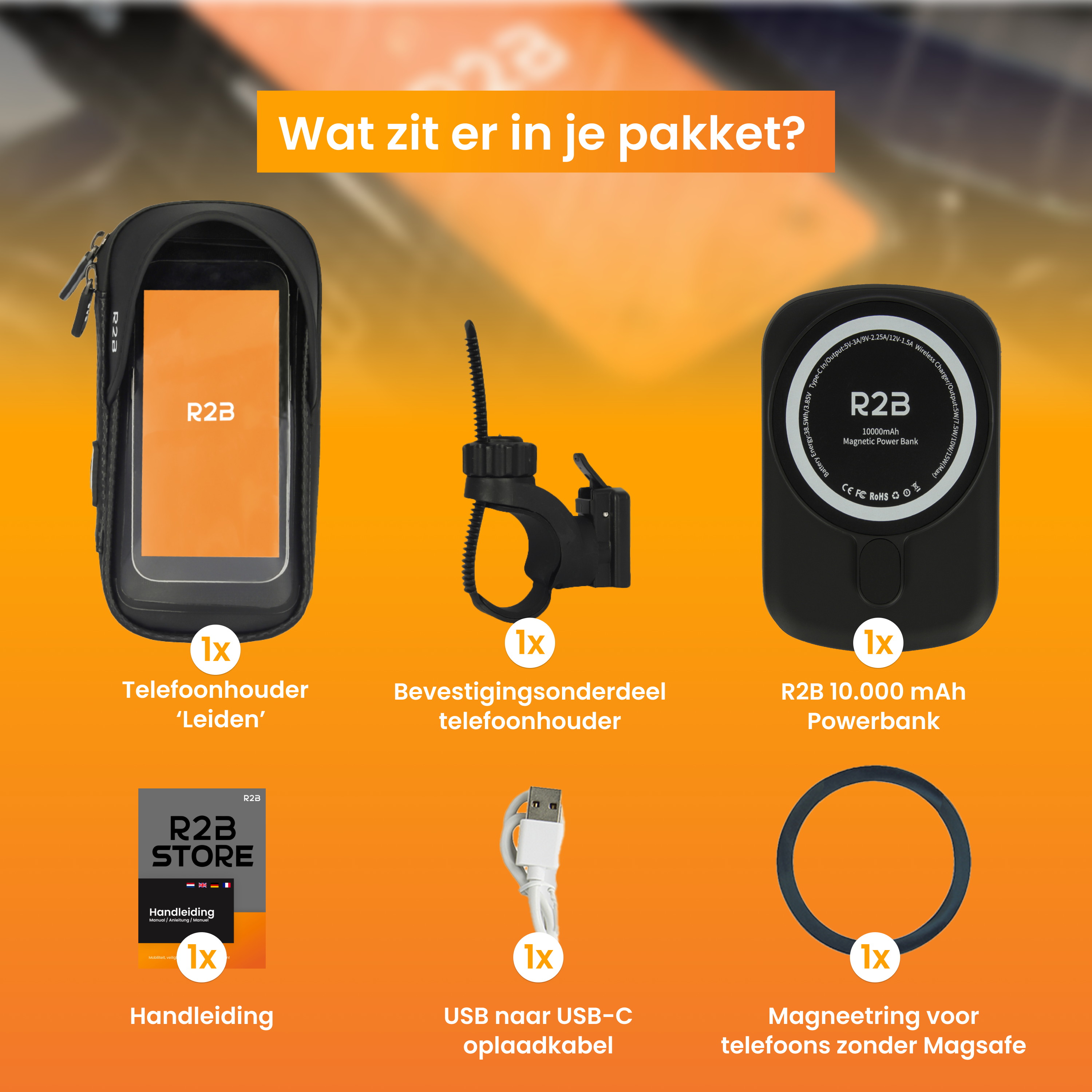Verschillende telefoonaccessoires op een oranje oppervlak, met tekst. Witte achtergrond.