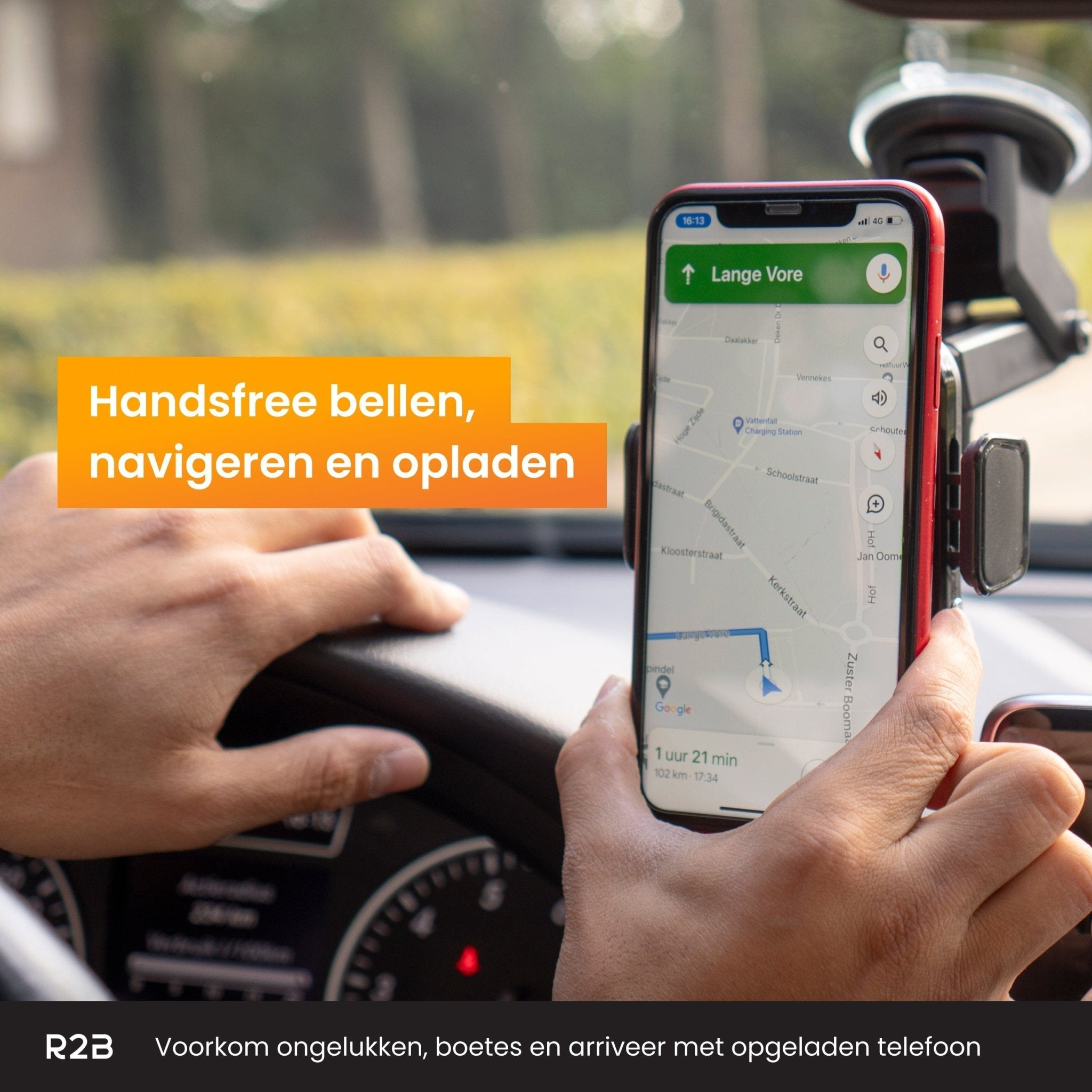 Des mains tenant un téléphone avec navigation, fixé dans un support de voiture, soulignant les appels mains libres et la recharge.