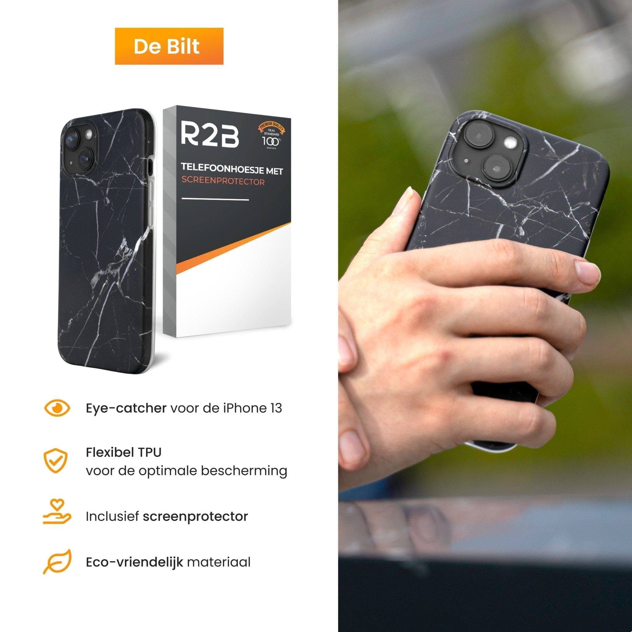 Zwarte marmeren iPhone case en screenprotector. Een hand houdt de telefoon vast. Tekst: 'R2B' en 'SCREENPROTECTOR'.