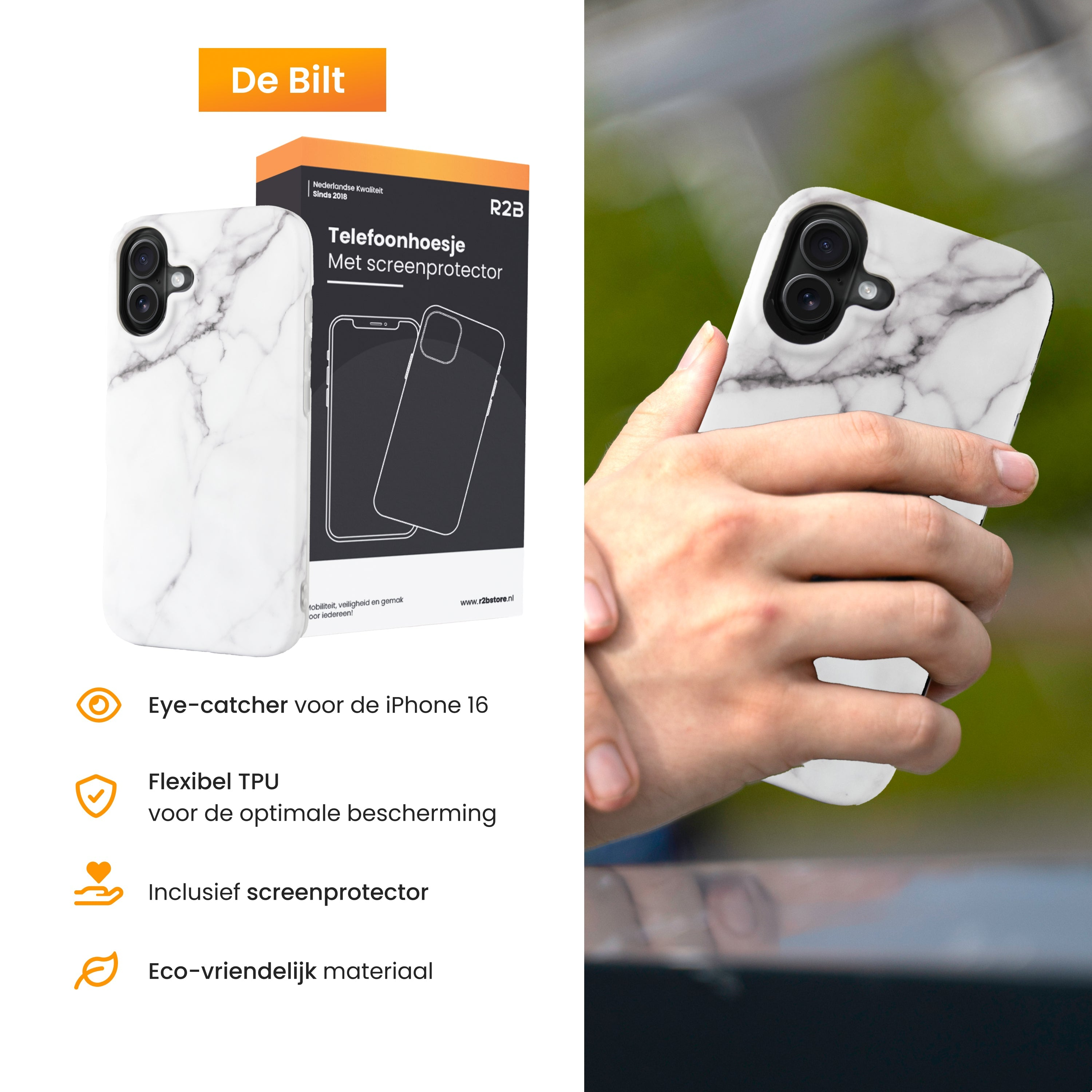 Phone case with marble design, product details, and a hand holding the phone.