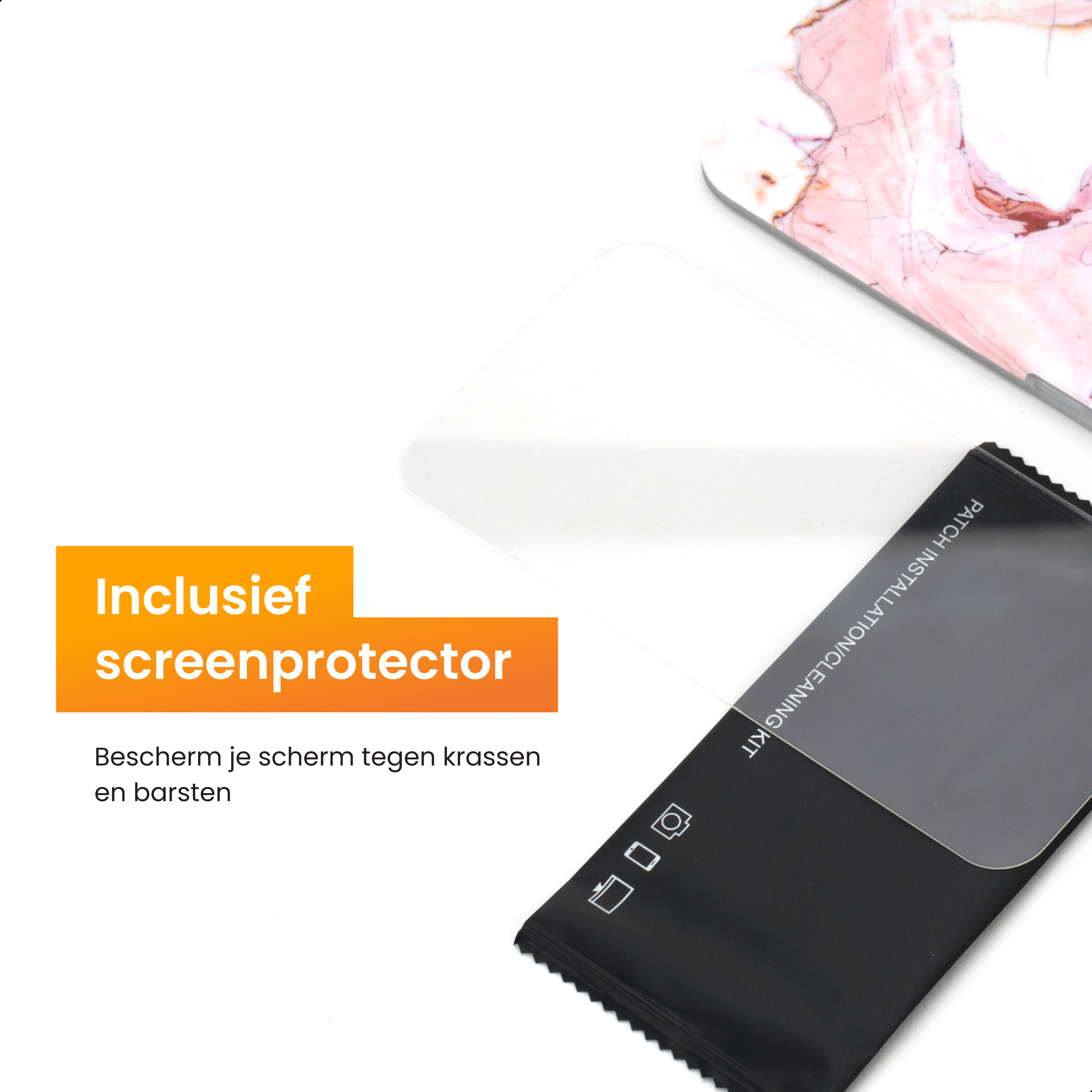Screen protector packaging with a screen protector and text. White background.