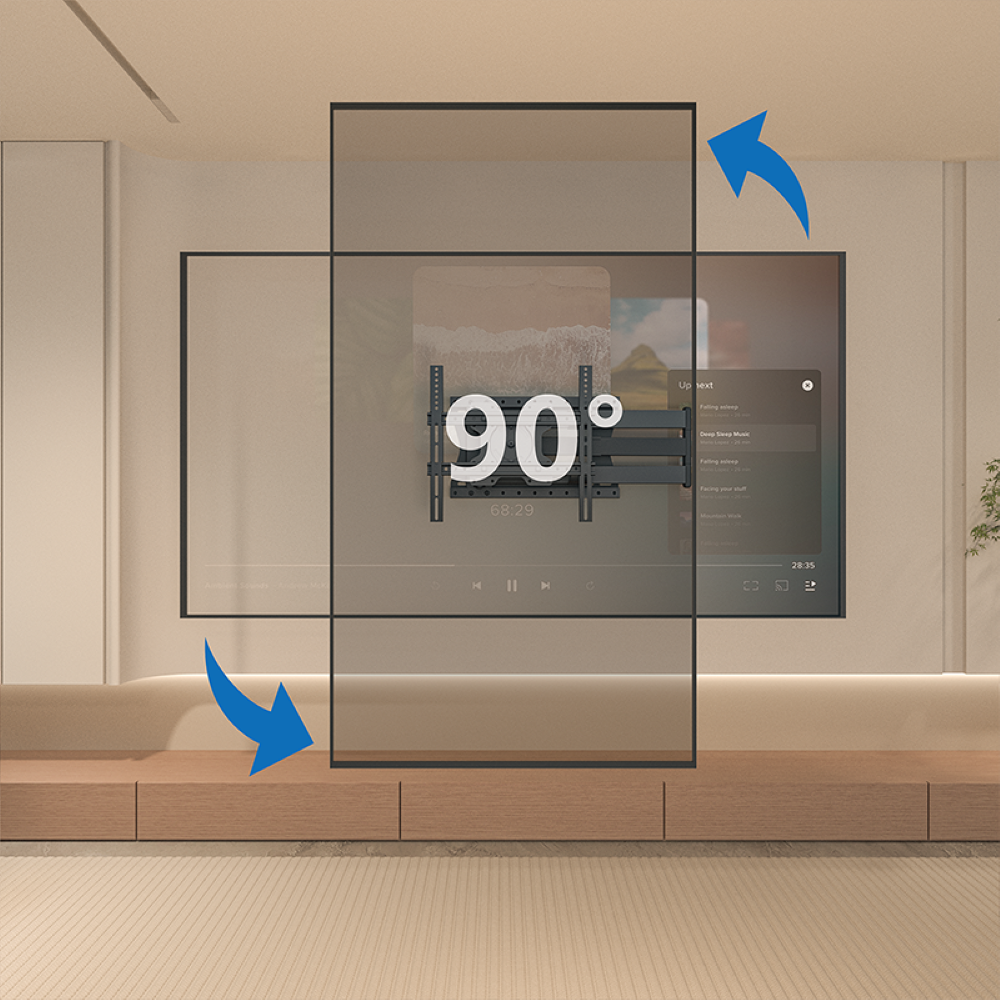 Een tv-scherm met een roterend effect, met blauwe pijlen aan de zijkanten.