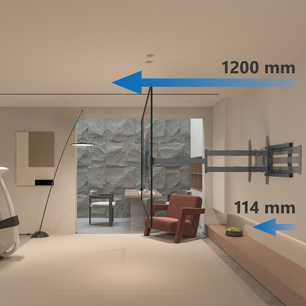 Binnenbeeld met een tv gemonteerd op een wandbeugel, afmetingen aangegeven, modern minimalistisch design.