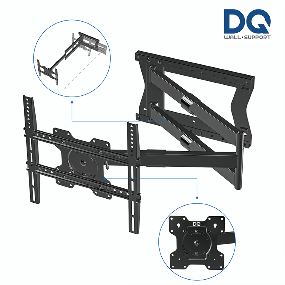 Tv-beugel met diagrammen. De tekst in de hoek zegt DQ Wall Support. Zwarte kleur.