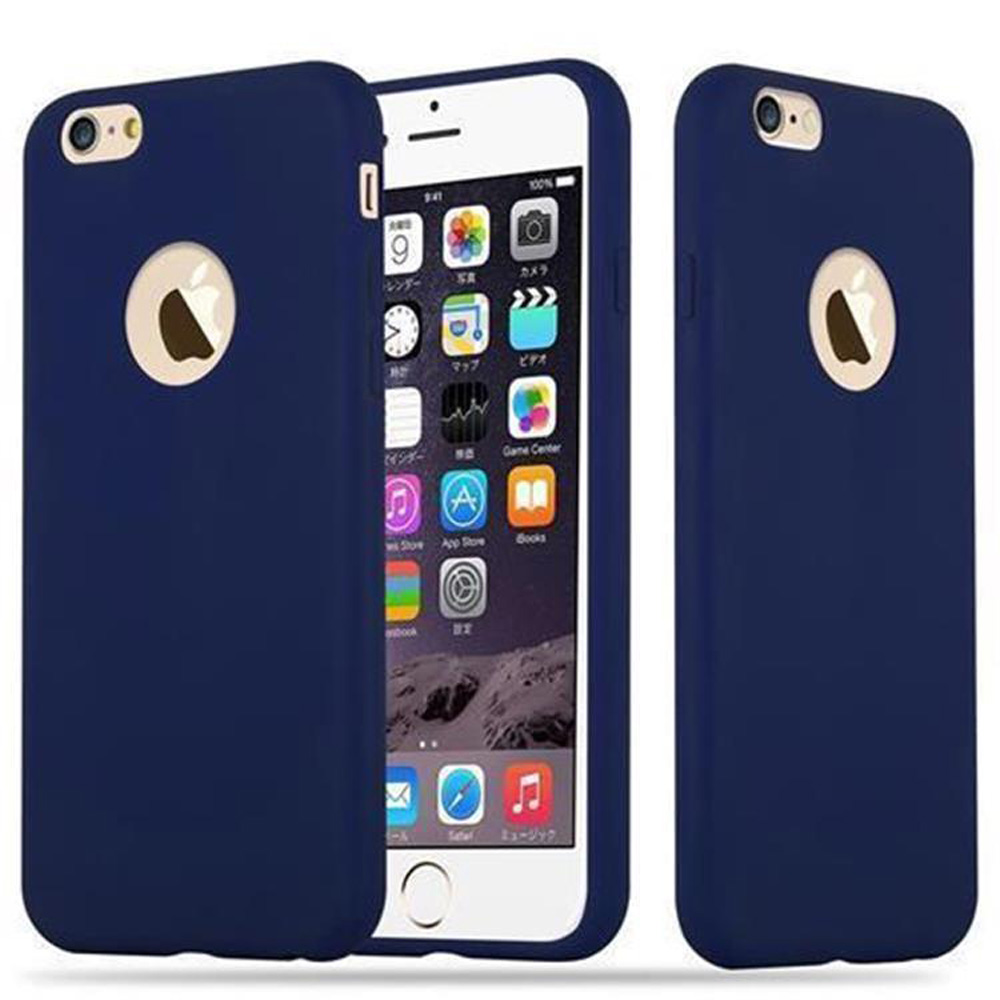 Tre custodie blu navy per telefono. Una mostra un telefono con un logo Apple.