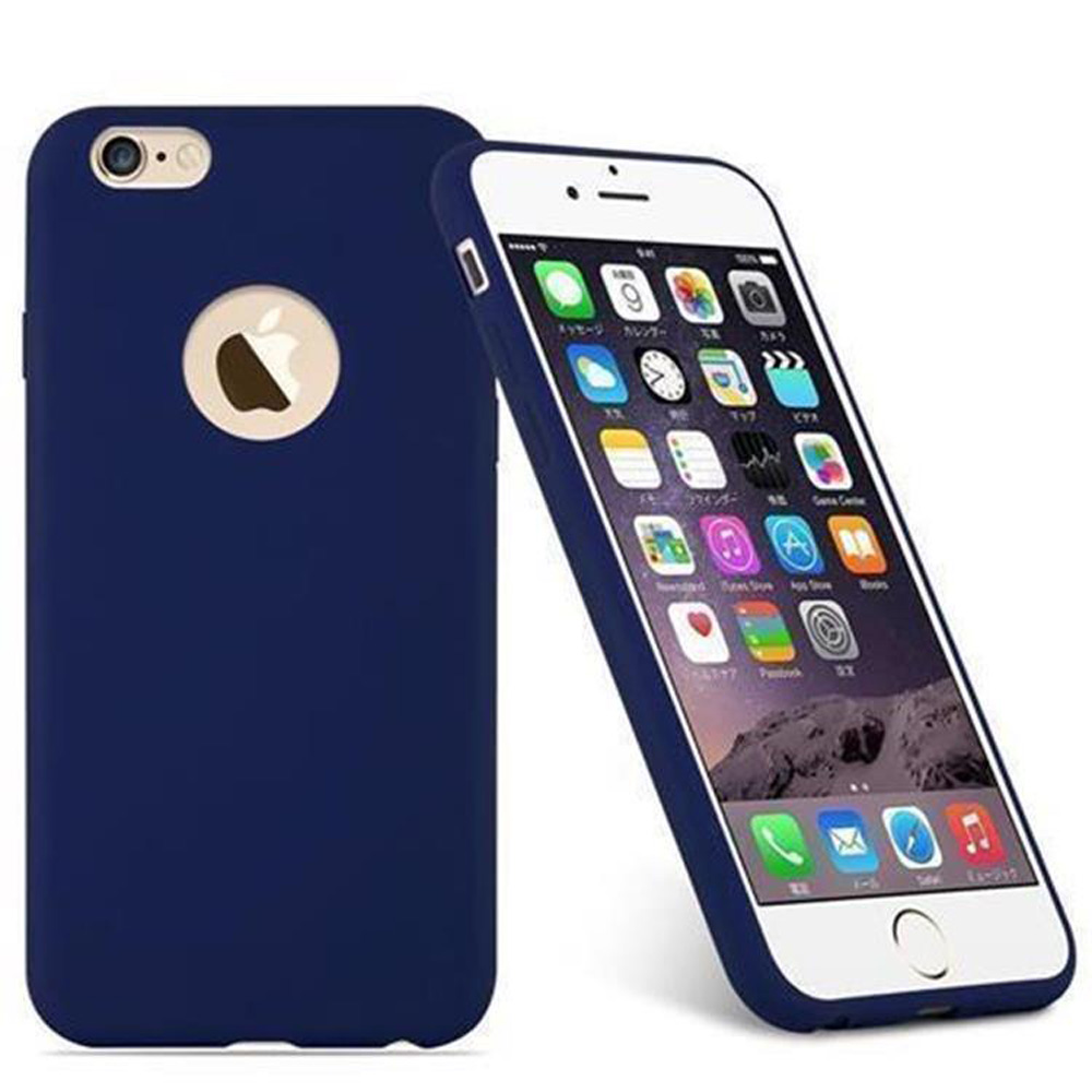 Custodia blu per iPhone a sinistra e un iPhone con app a destra. La custodia ha un logo Apple.