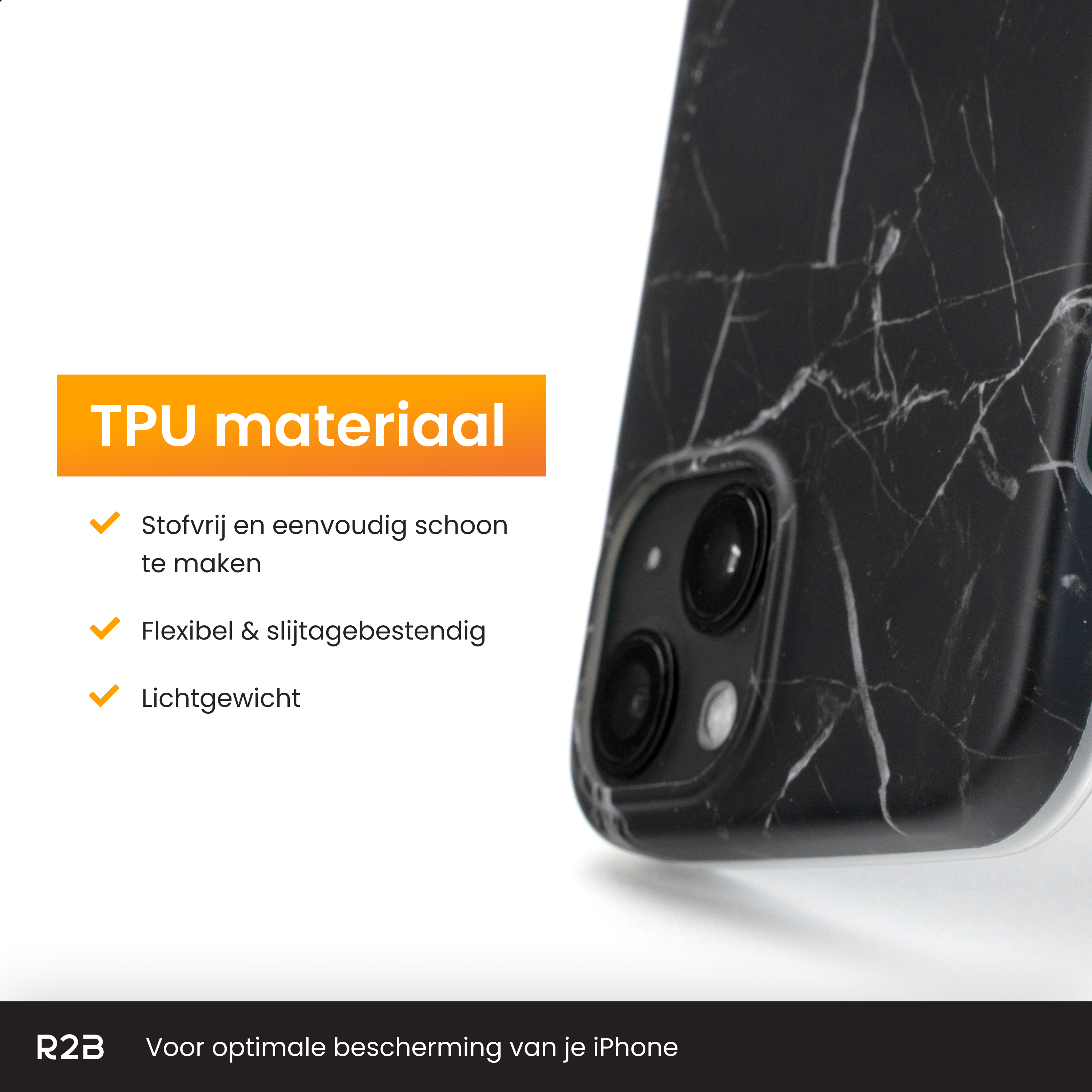 A black marble-patterned phone case with text describing its features.