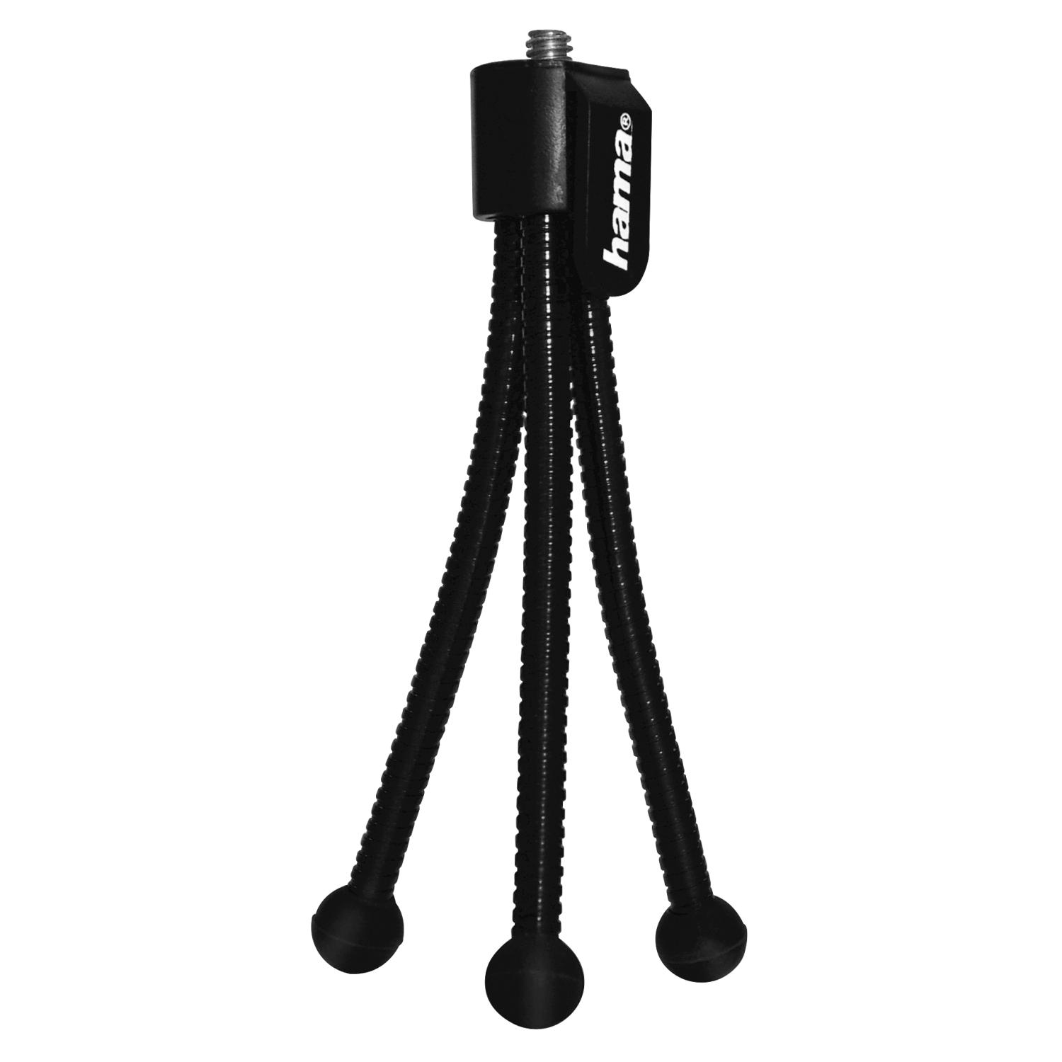 Trípode flexible negro con tres patas y un soporte para la cabeza. Marca Hama.