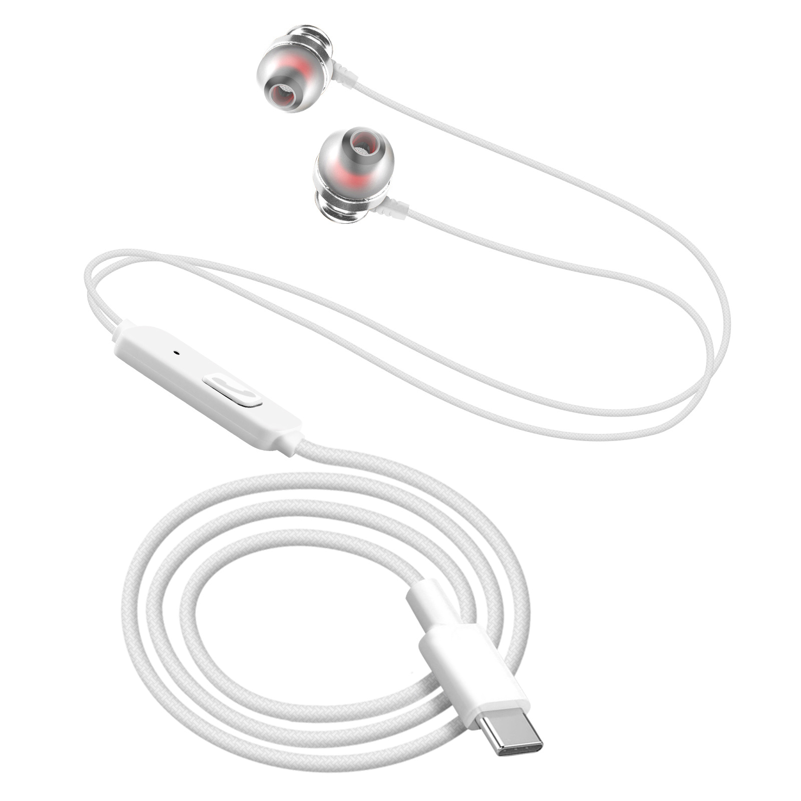 Auriculares blancos con cable blanco y conector USB-C. Puntas plateadas.