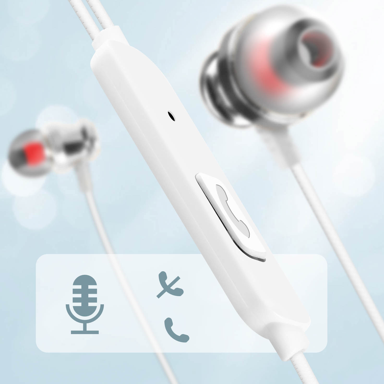 Auriculares blancos con control de micrófono. Se muestran dos auriculares. Fondo blanco con iconos.