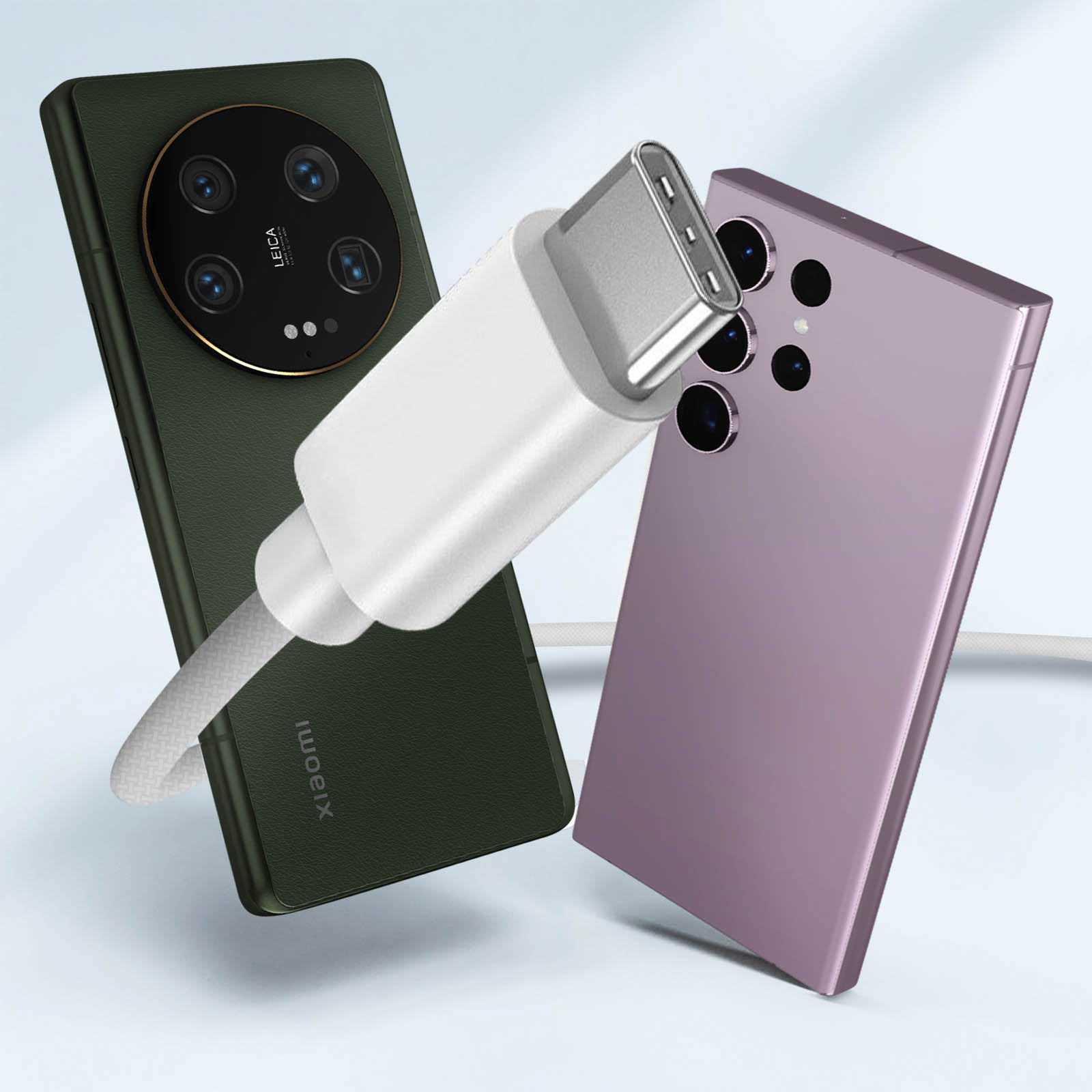 Dos smartphones y un cable de carga blanco.