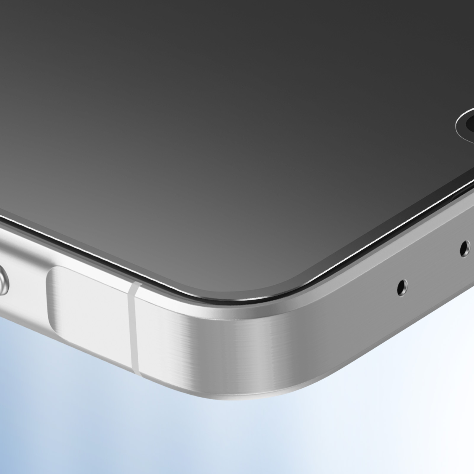 Close-up van een smartphone, zilveren frame, zwart scherm. Lichtblauwe achtergrond.