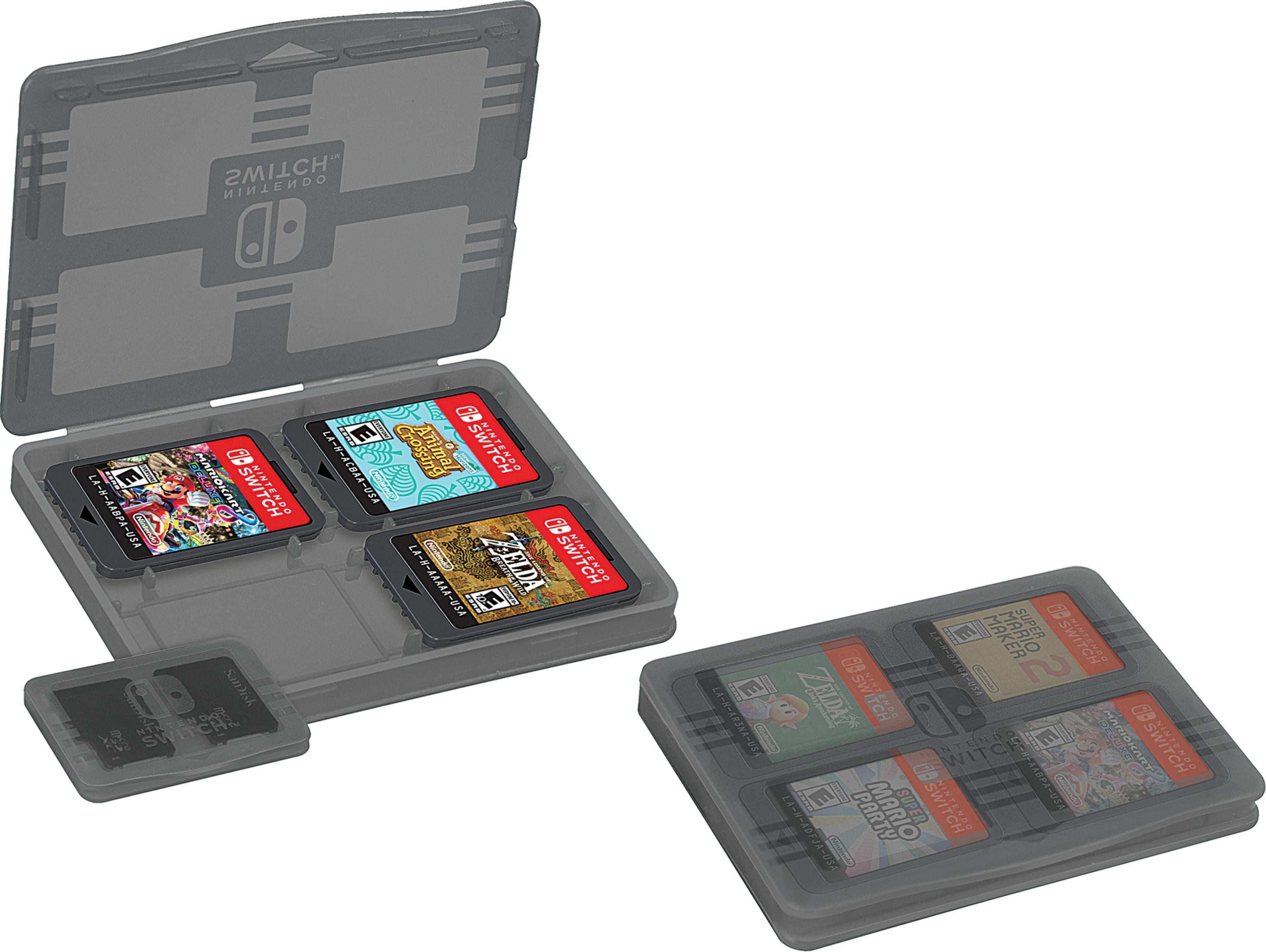 Custodia grigia per giochi Switch con giochi all'interno e altri elementi su bianco.