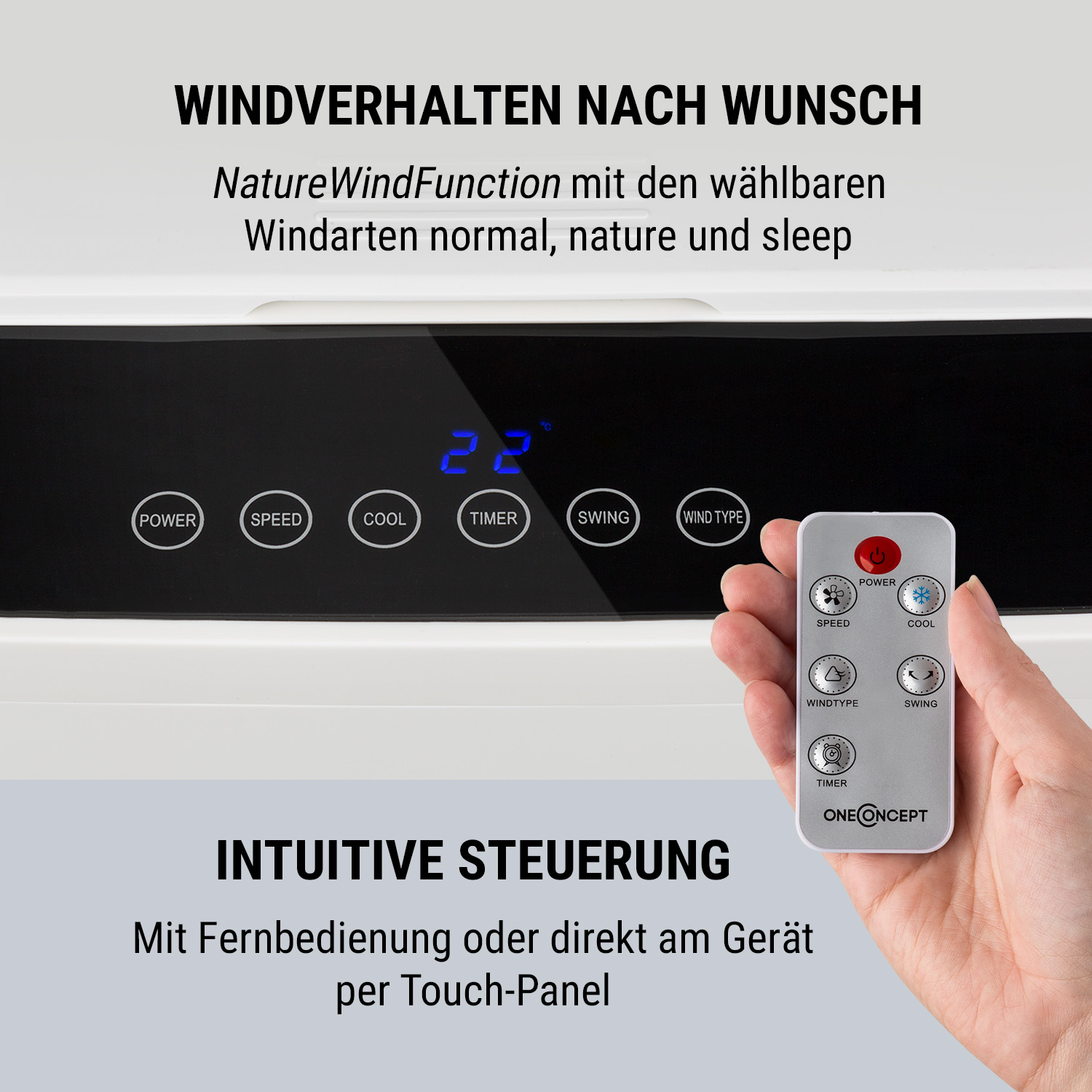 Weißer Luftkühler mit Bedienfeld und Fernbedienung. Text: Intuitive Steuerung. Text: Windverhalten nach Wunsch.