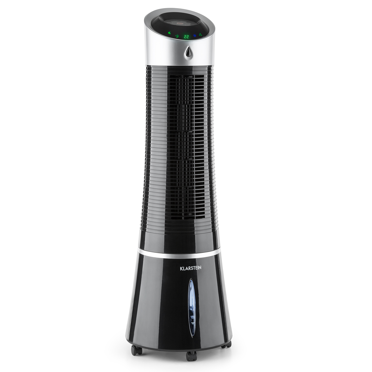 Schwarzer Turmventilator mit silberner Oberseite und Digitalanzeige. Er ist hoch und schlank, auf weißem Hintergrund.