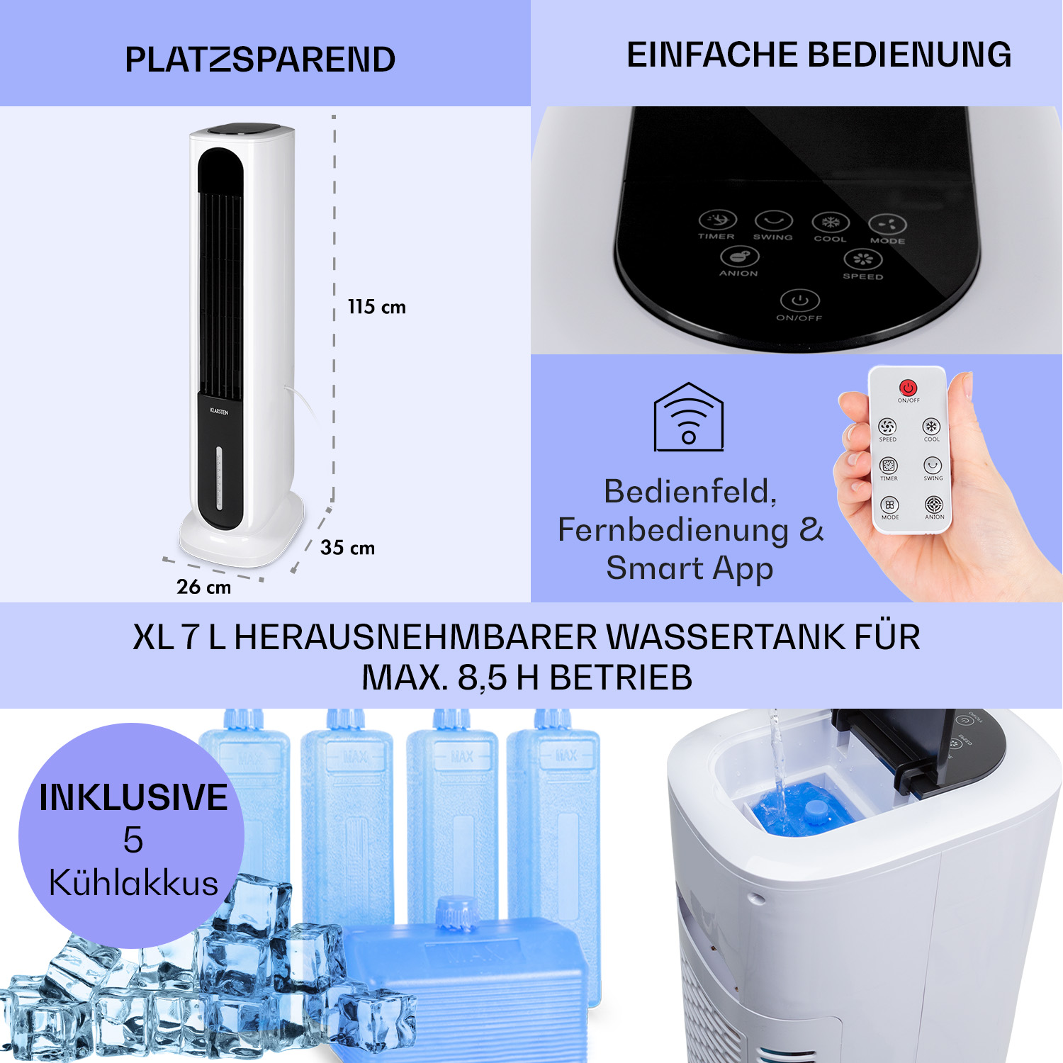 Weißer Luftkühler mit Wassertanks und Eiswürfeln. Bedienfeld und Fernbedienung sind ebenfalls sichtbar.