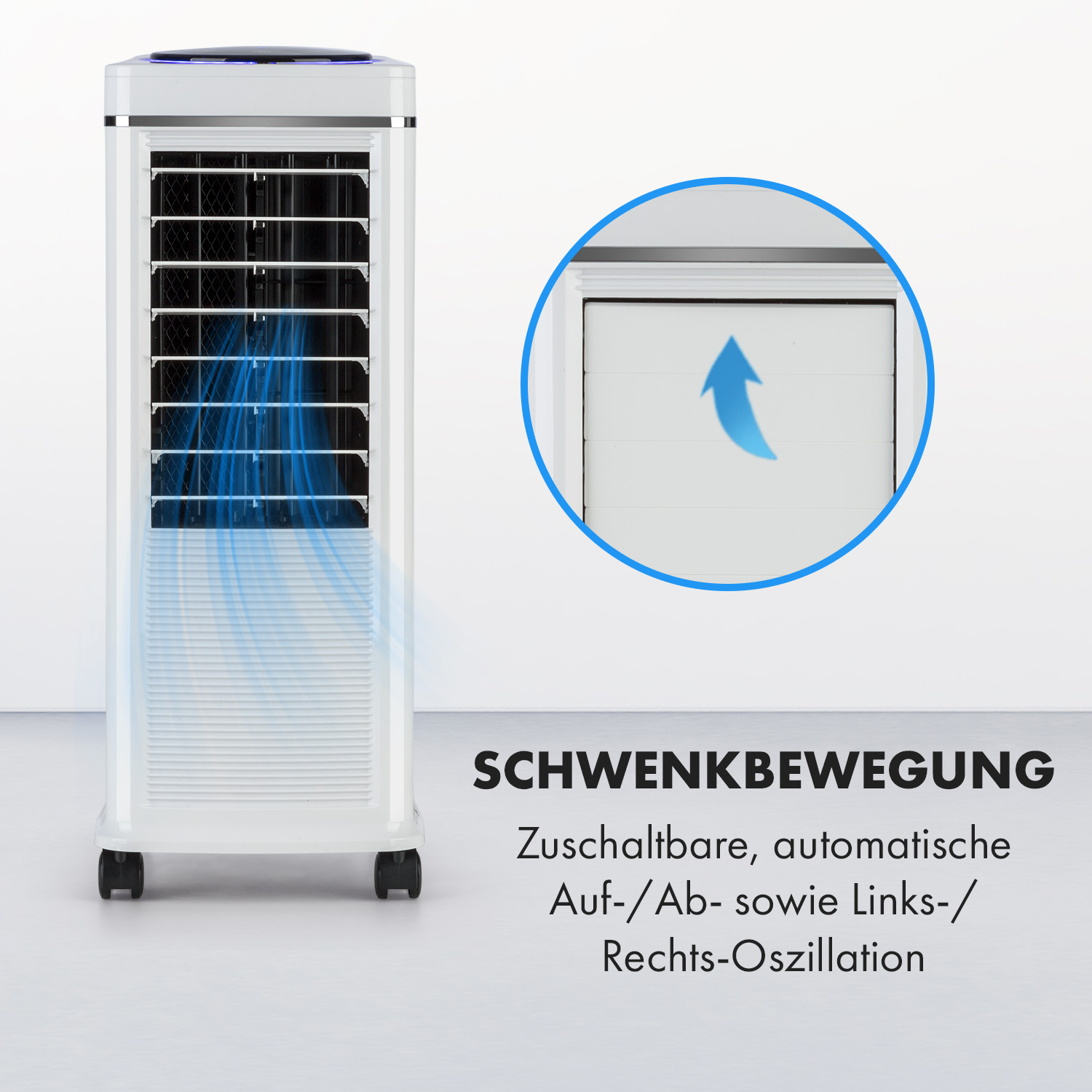 Weißer Luftkühler mit blauer Luftstromvisualisierung und Text über Oszillation.