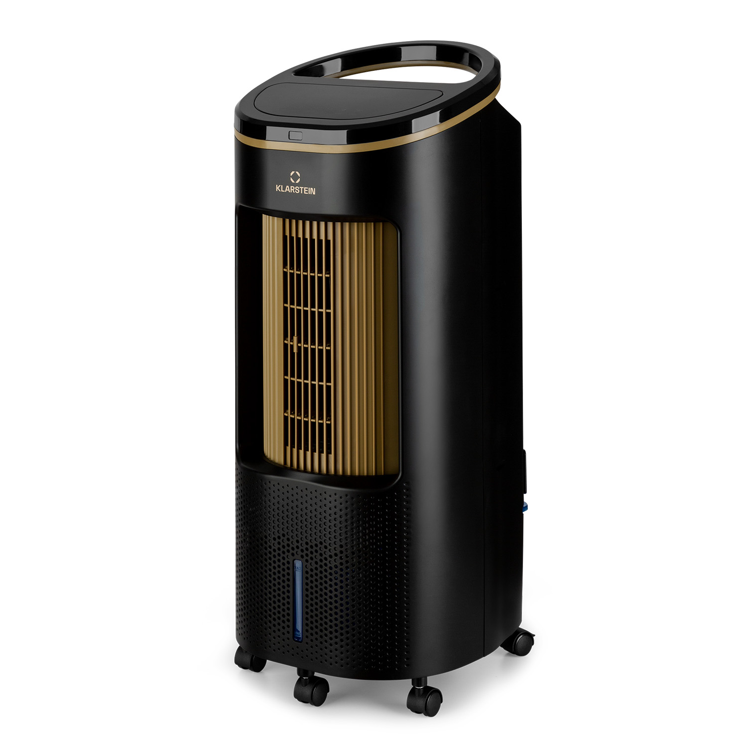 Raffreddatore d'aria nero e oro con pale del ventilatore, su sfondo bianco, con indicatore del livello dell'acqua.