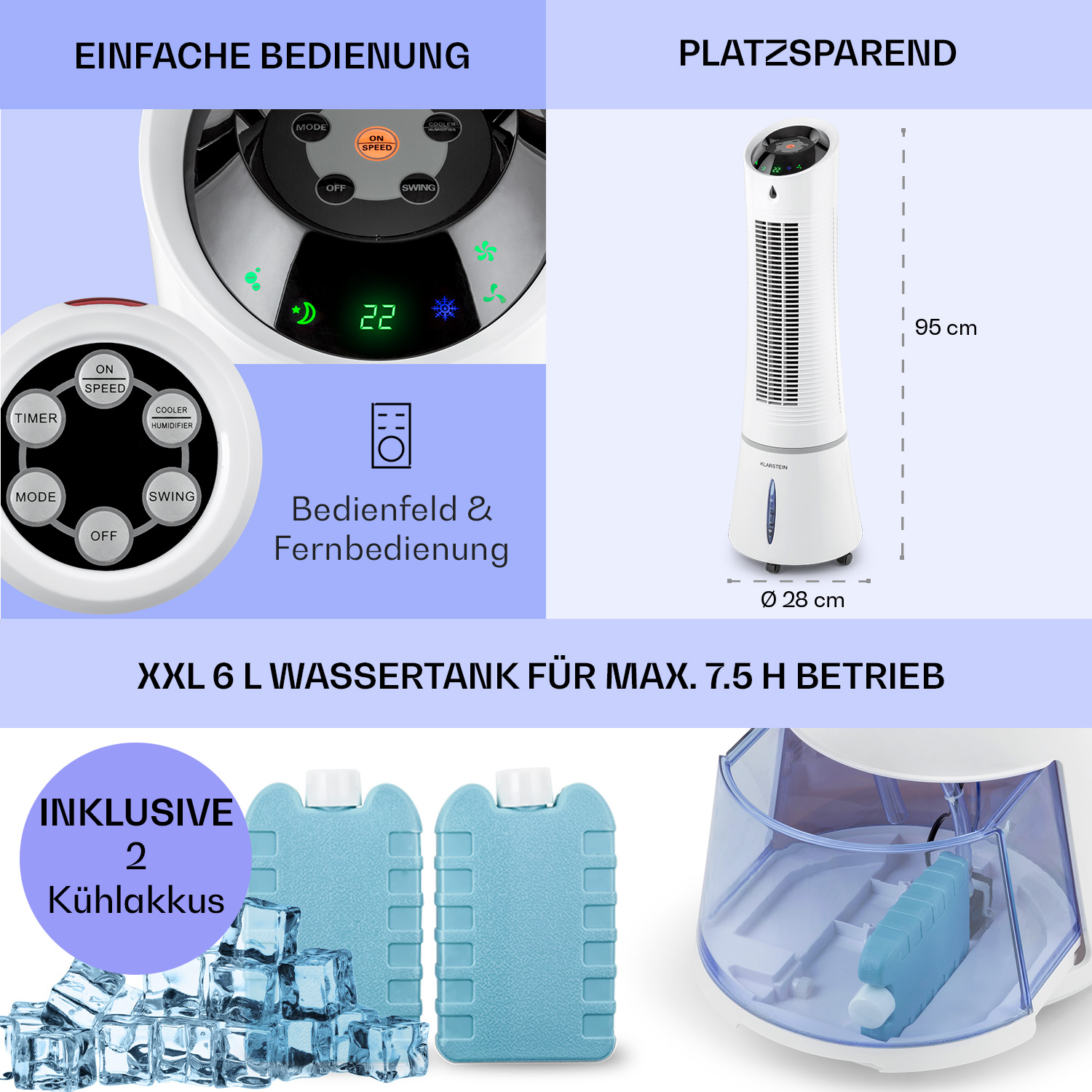 Weißer Turmventilator mit Bedienelementen und Digitalanzeige. Inklusive Kühlakkus und Wassertank zur Kühlung.